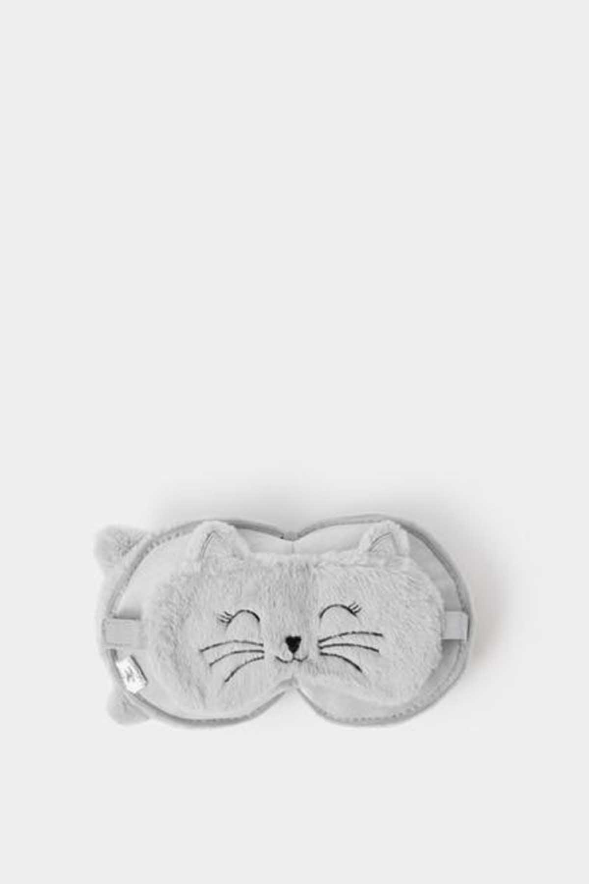 Grey plush cat eye mask with stitched cat face and elastic straps