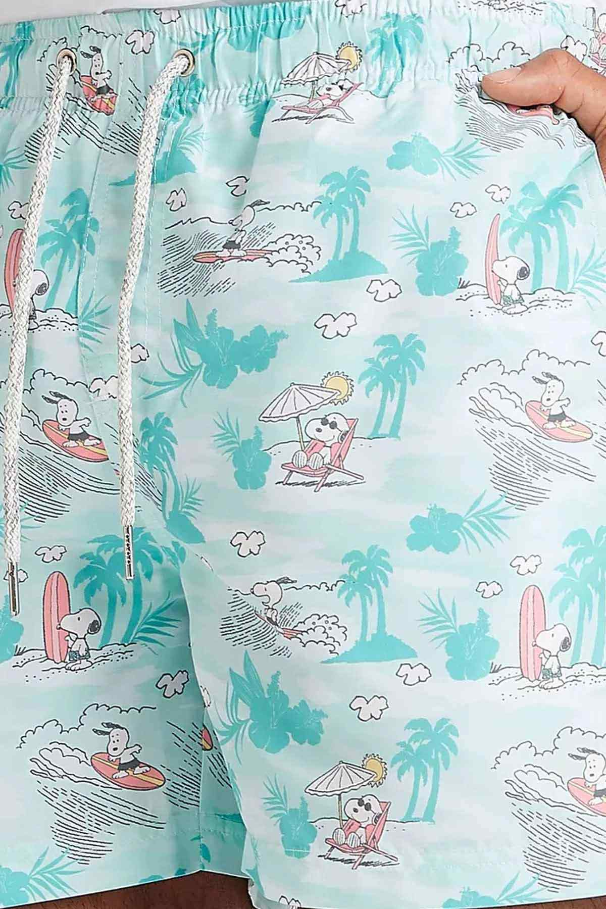 Turquoise swim shorts with drawstring, elastic waist, animal surf print