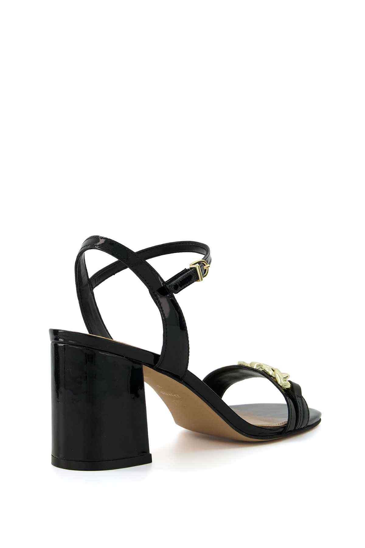 Dune London black heeled sandals with open toe and gold logo strap buckle