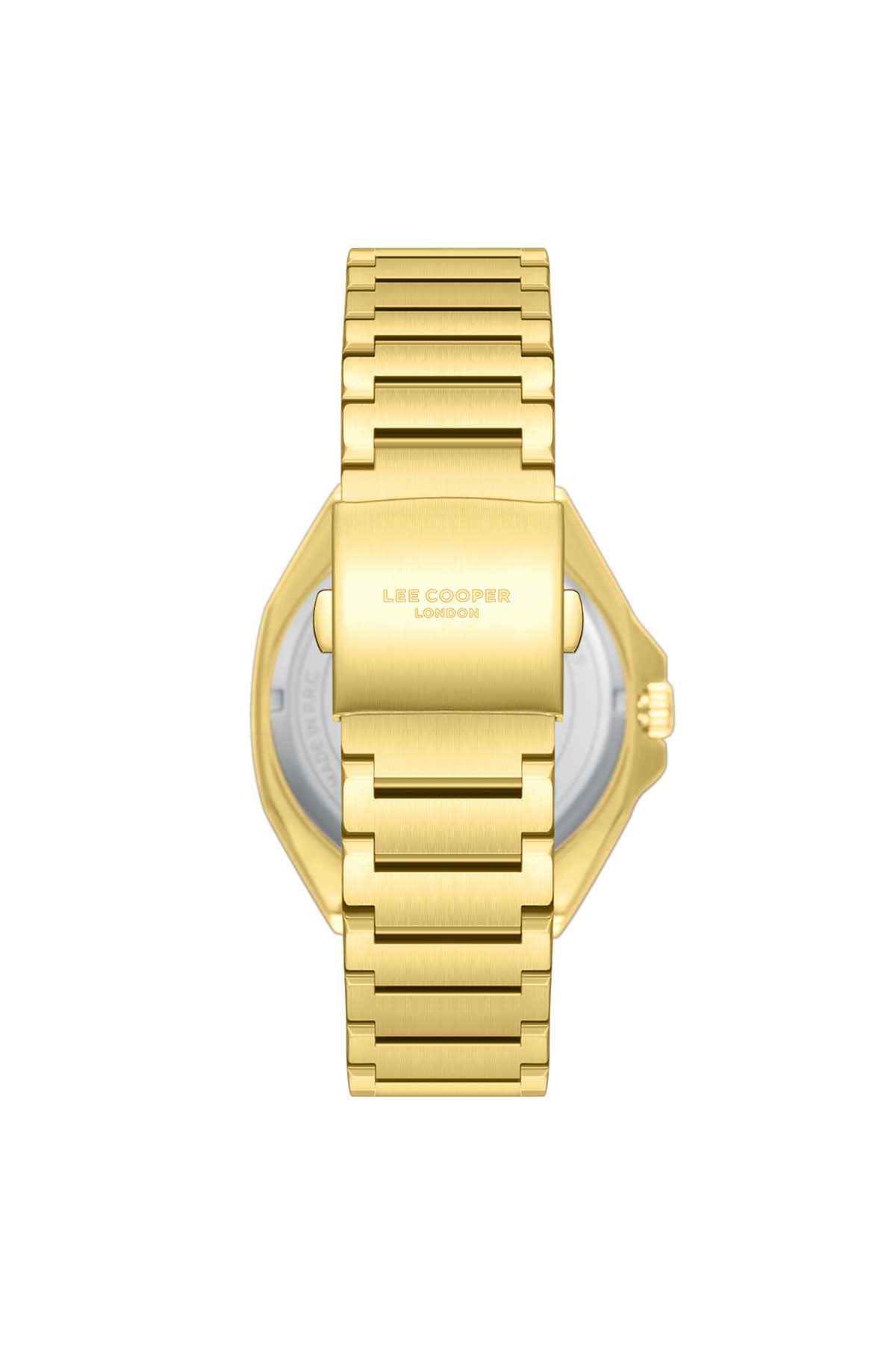Gold-tone analog wristwatch back view with smooth metal bracelet