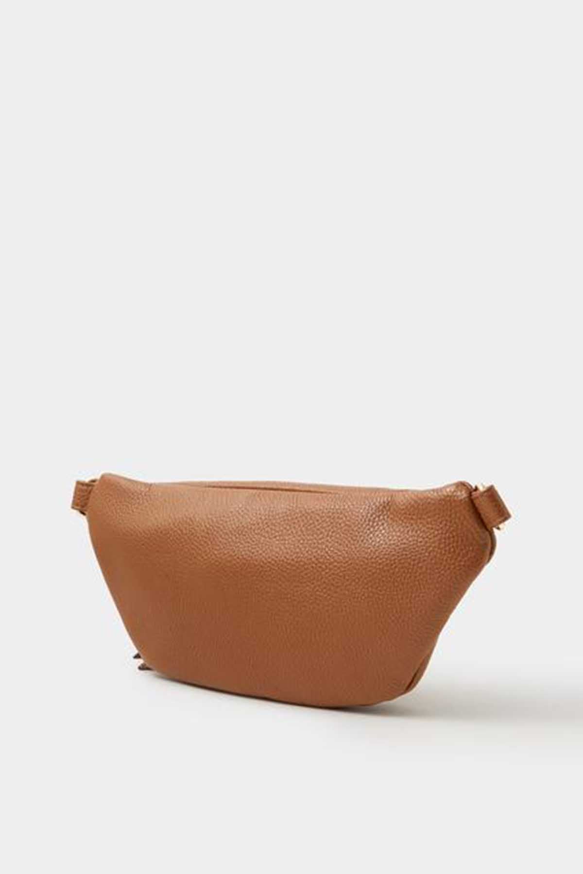 Tan belt bag side view with adjustable strap and top zip