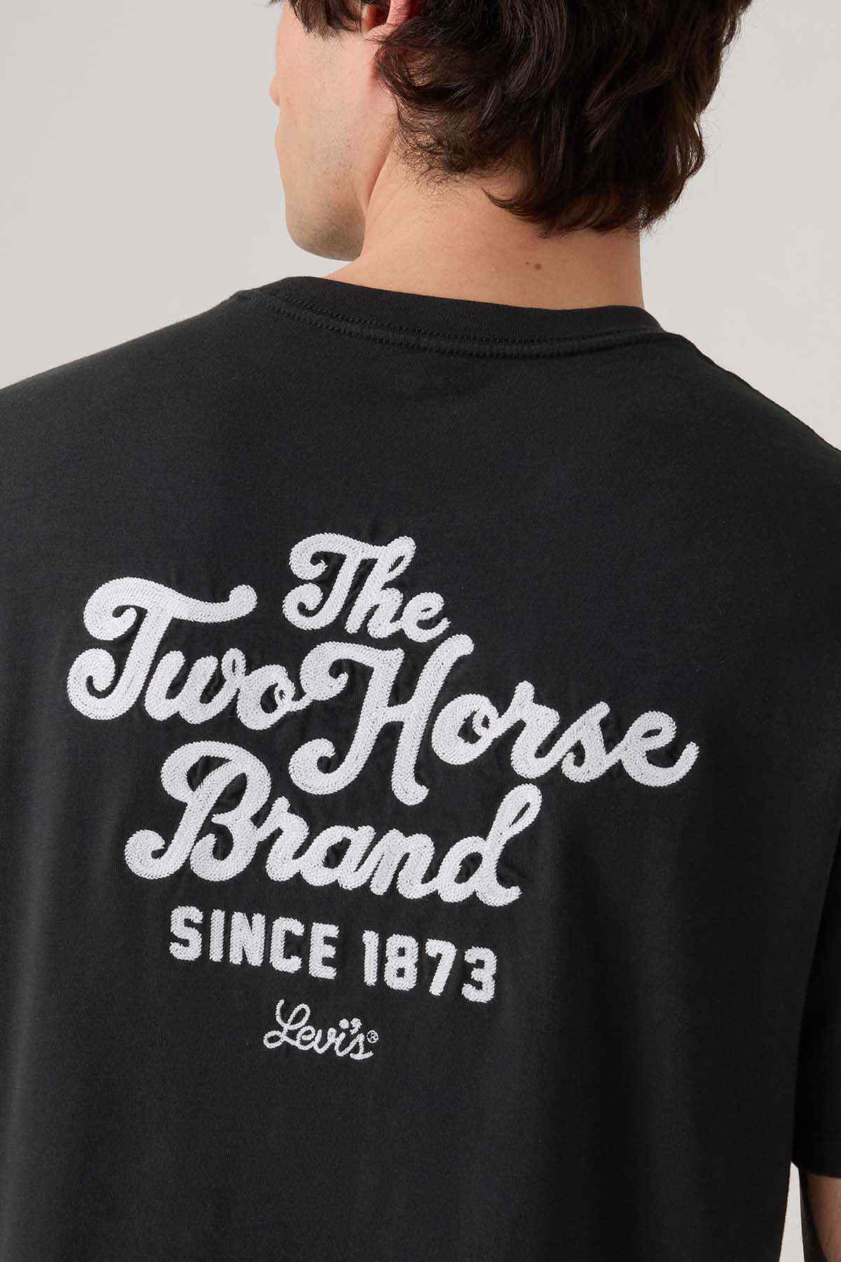 Men's black T-shirt with large back text graphic: The Two Horse Brand Since 1873