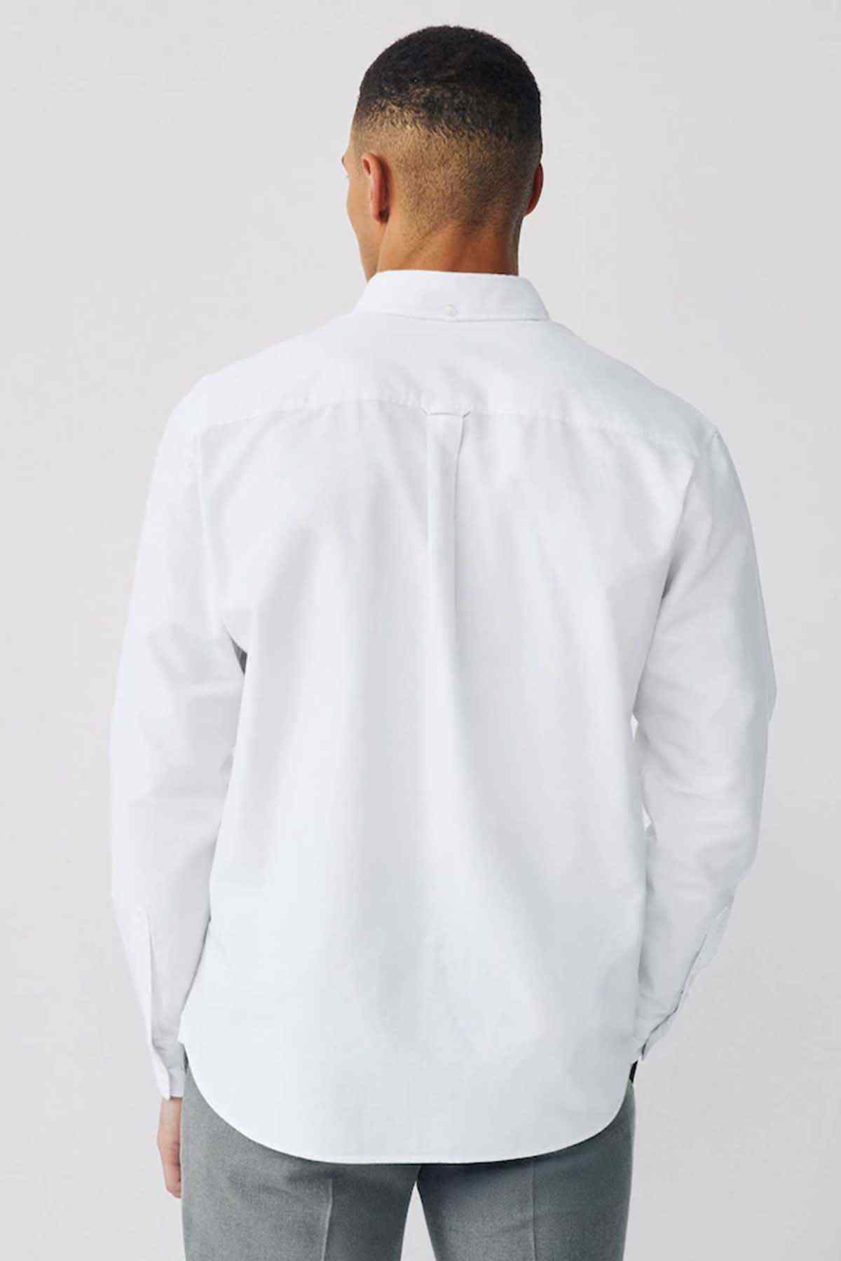 Men's white button-up shirt back view with long sleeves