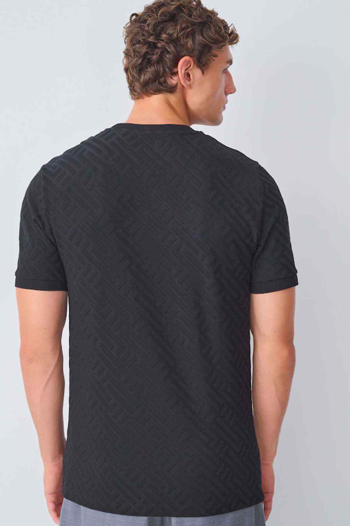 NEXT black crew-neck short-sleeve T-shirt, back view with geometric texture