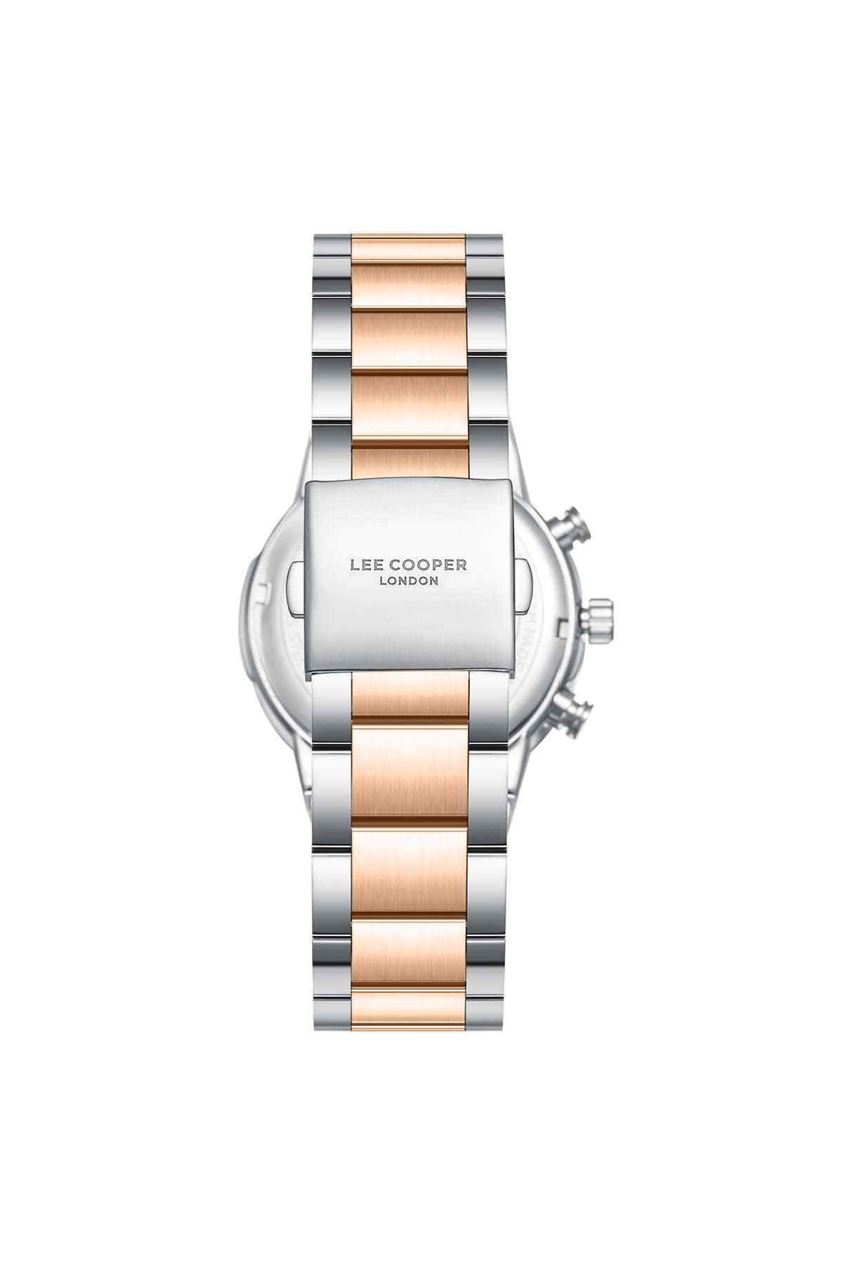 Two-tone wristwatch with rose-gold center links and silver bracelet, side details visible