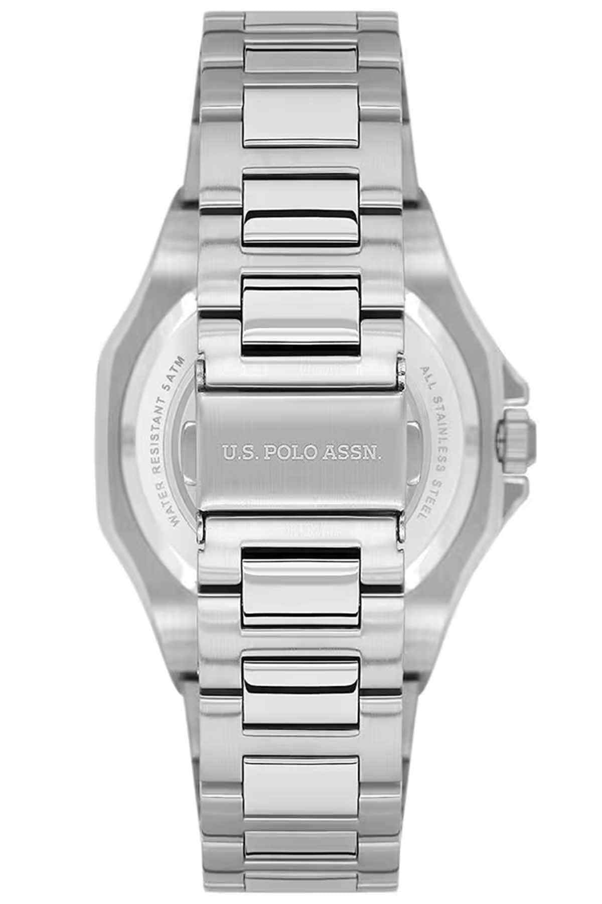 U.S. Polo Assn wristwatch case and bracelet detail with engraved logo on caseback