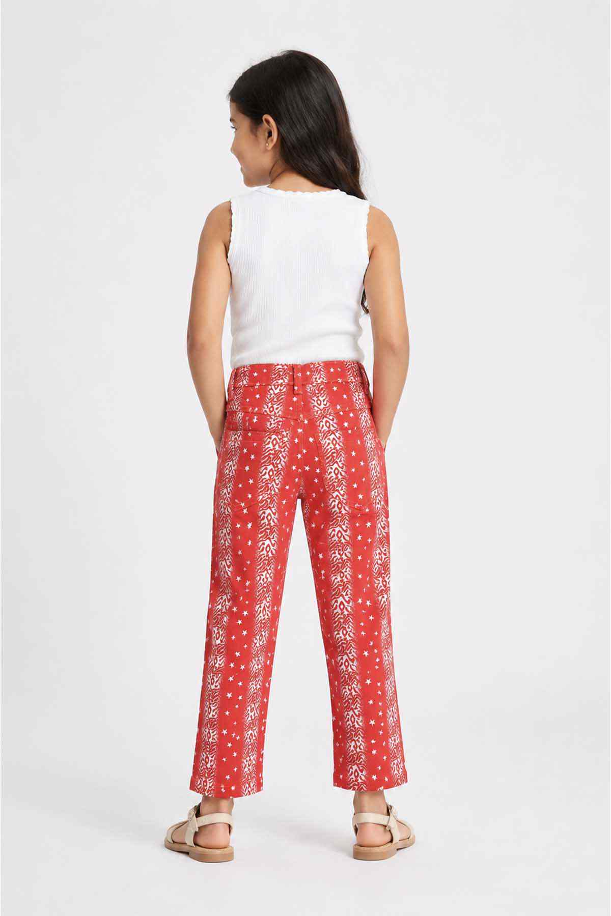 Girls red patterned wide-leg pants, back view, elastic waist
