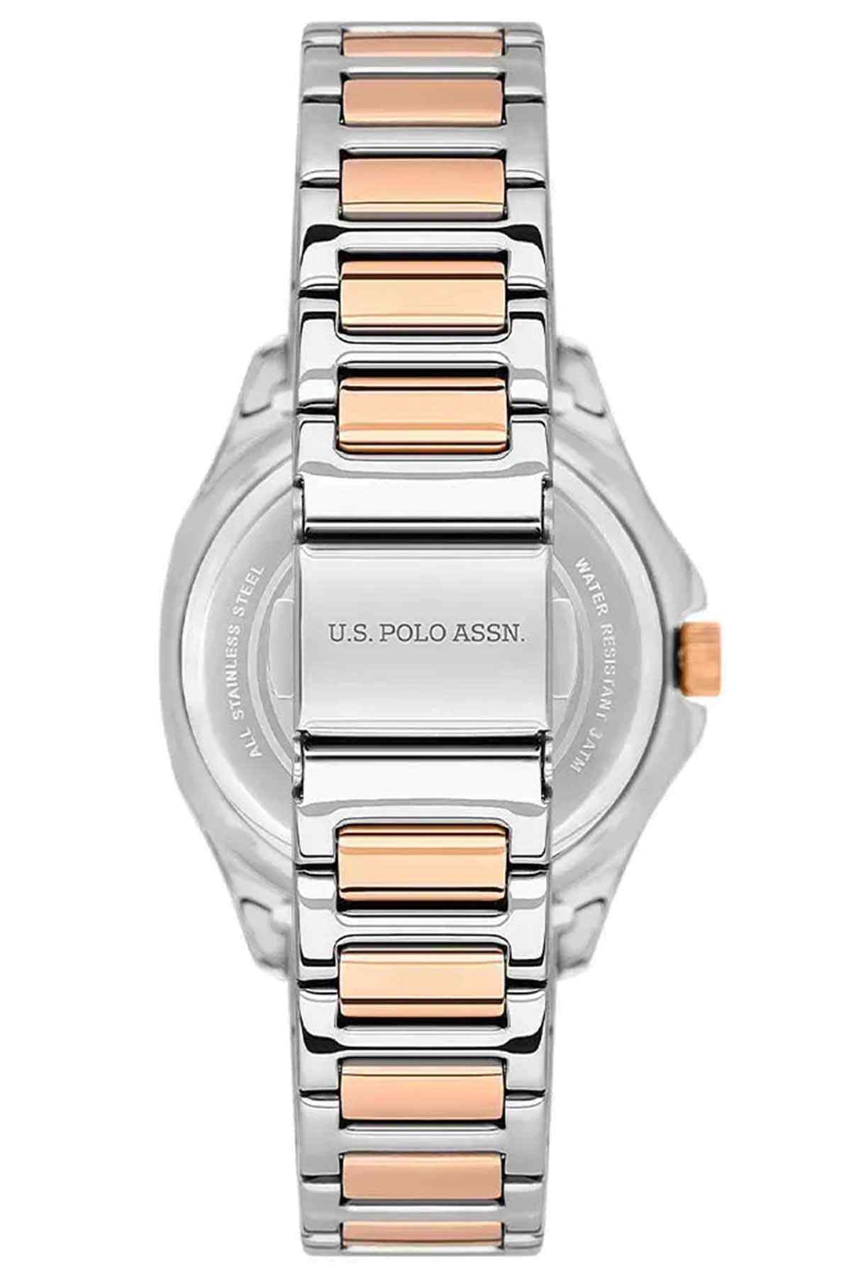 Metallic grey wristwatch with rose-gold accents and engraved caseback text