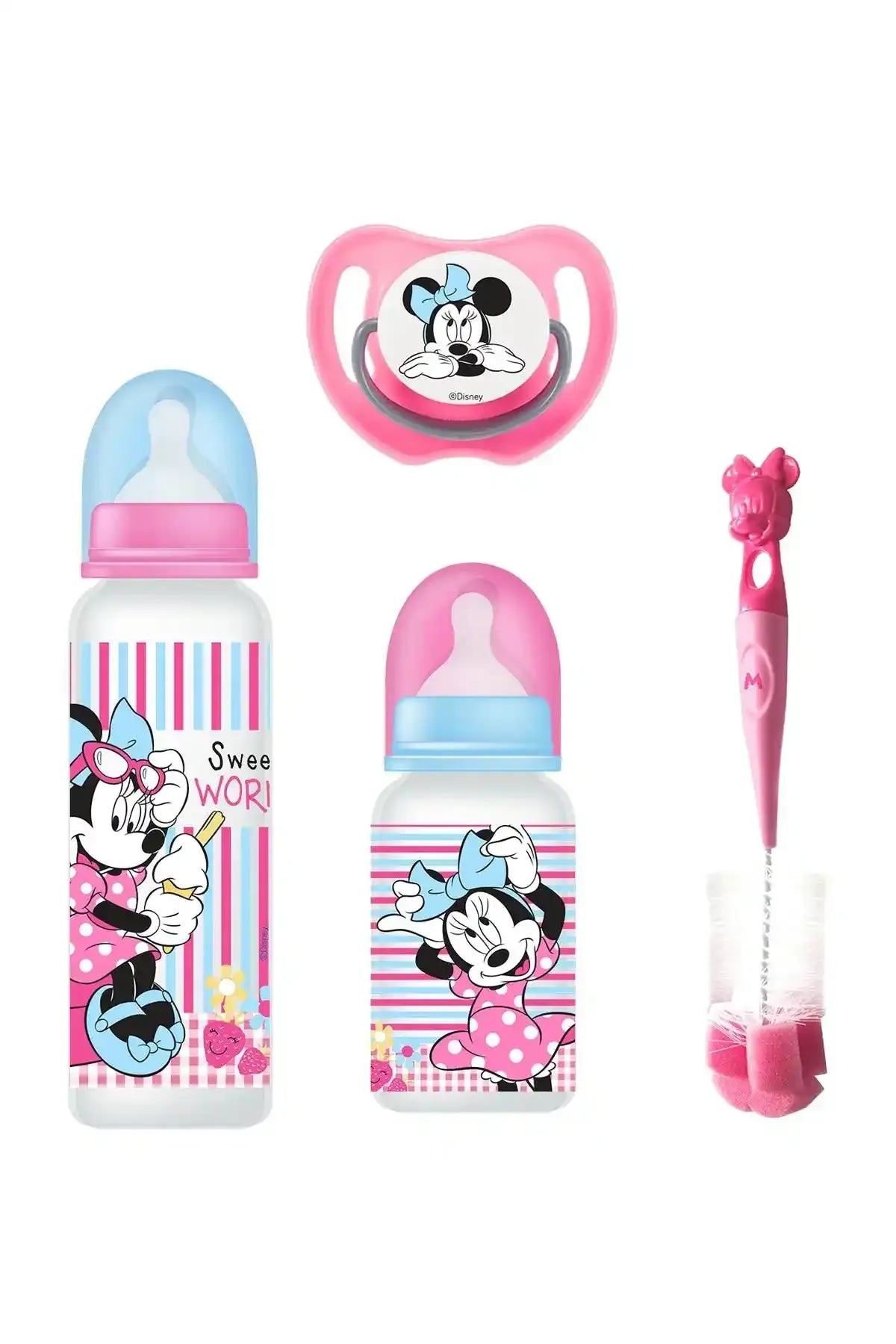 Mickey and Minnie baby bottle and sippy cup with pacifier and cleaning brush, pink and blue