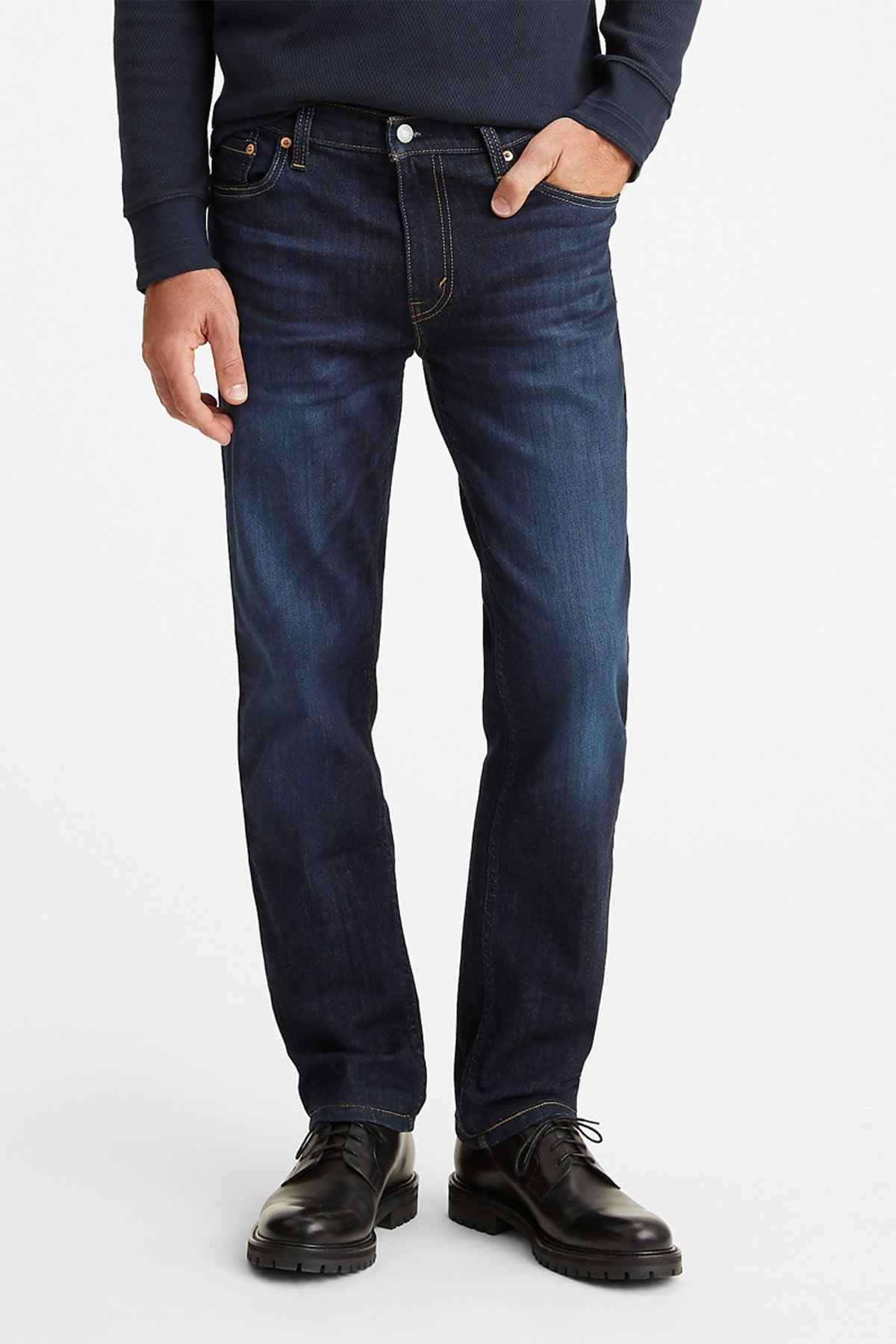 Levi's dark indigo denim jeans, straight leg with button fly and belt loops