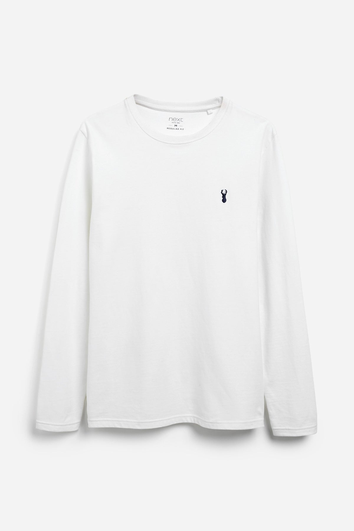 White long-sleeve crewneck T-shirt with small chest logo