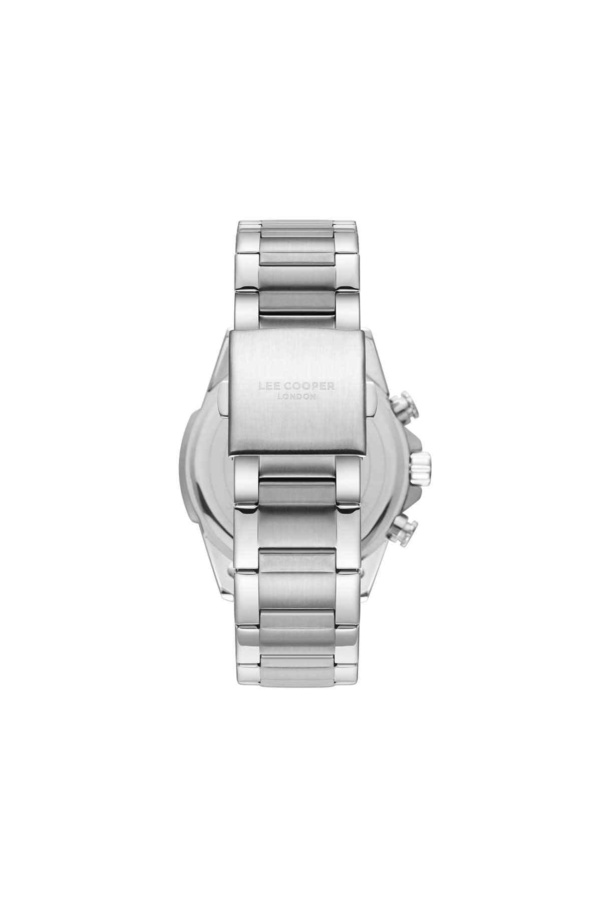 Silver metal wristwatch with bracelet clasp and crown, rear view.