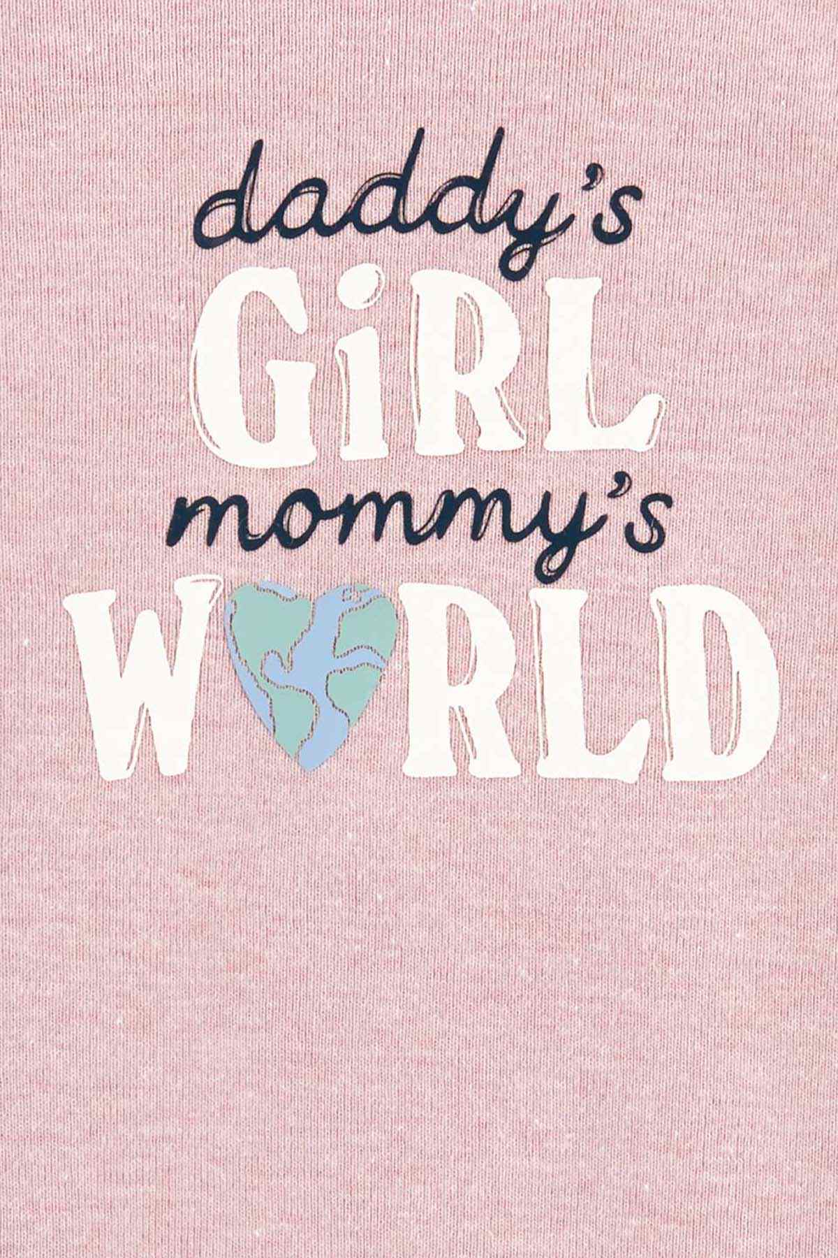 Carter's pink baby bodysuit chest close-up with daddy's Girl World graphic