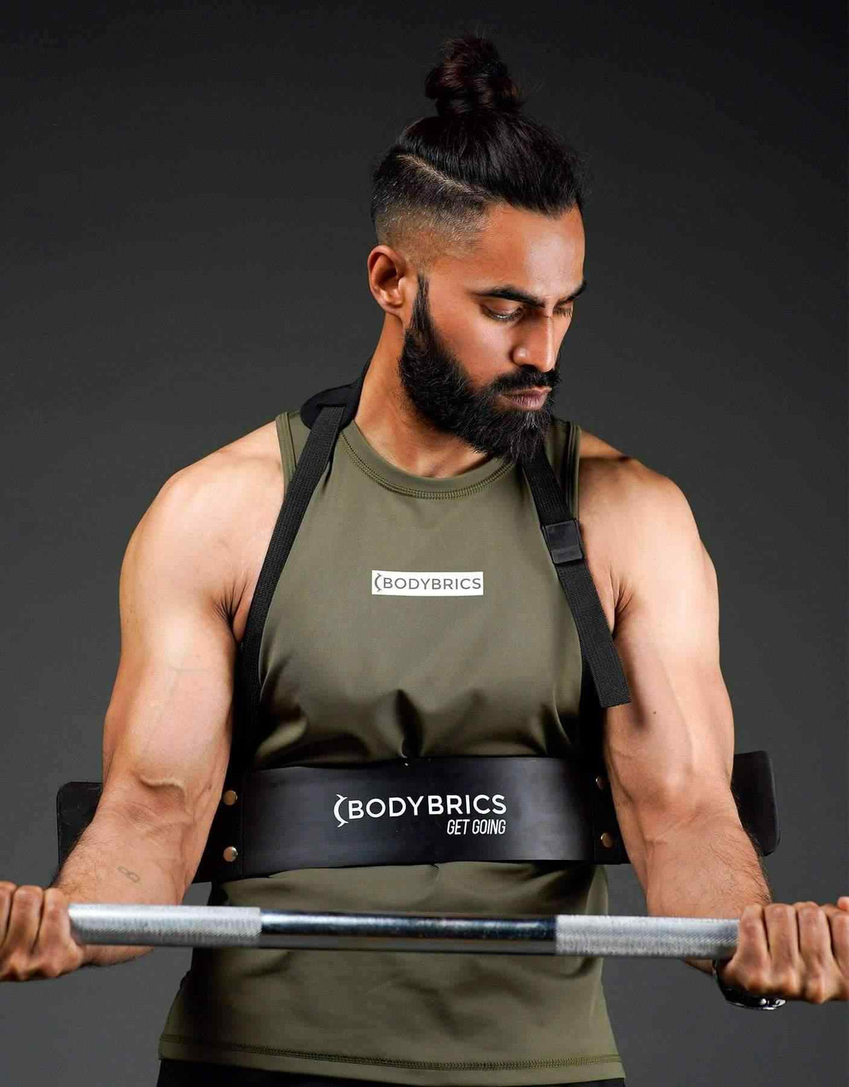 Bodybrics olive green sleeveless gym tank top with logo print at chest and hem