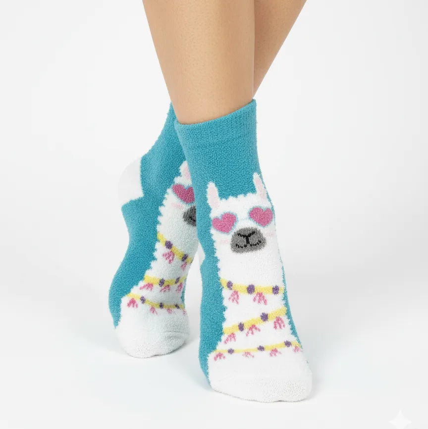 Teal kids' crew socks with white bear face and hearts, rainbow trim