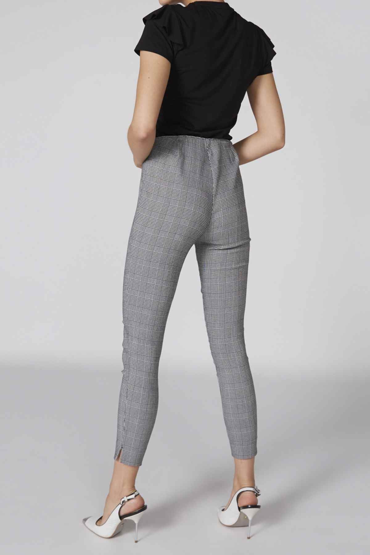 Women's gray plaid ankle pants, back view with slight taper
