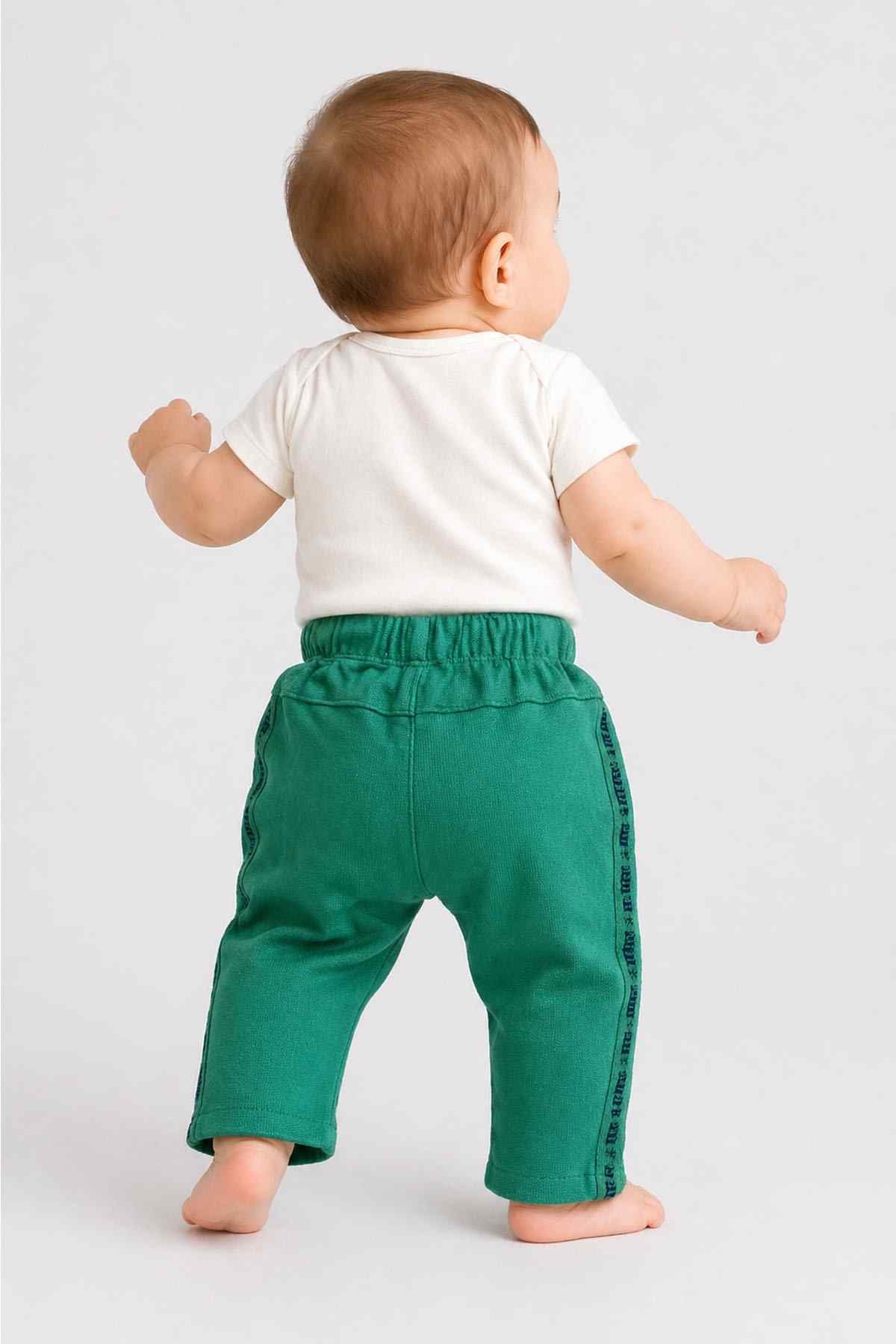 Green baby jogger pants with side text stripe