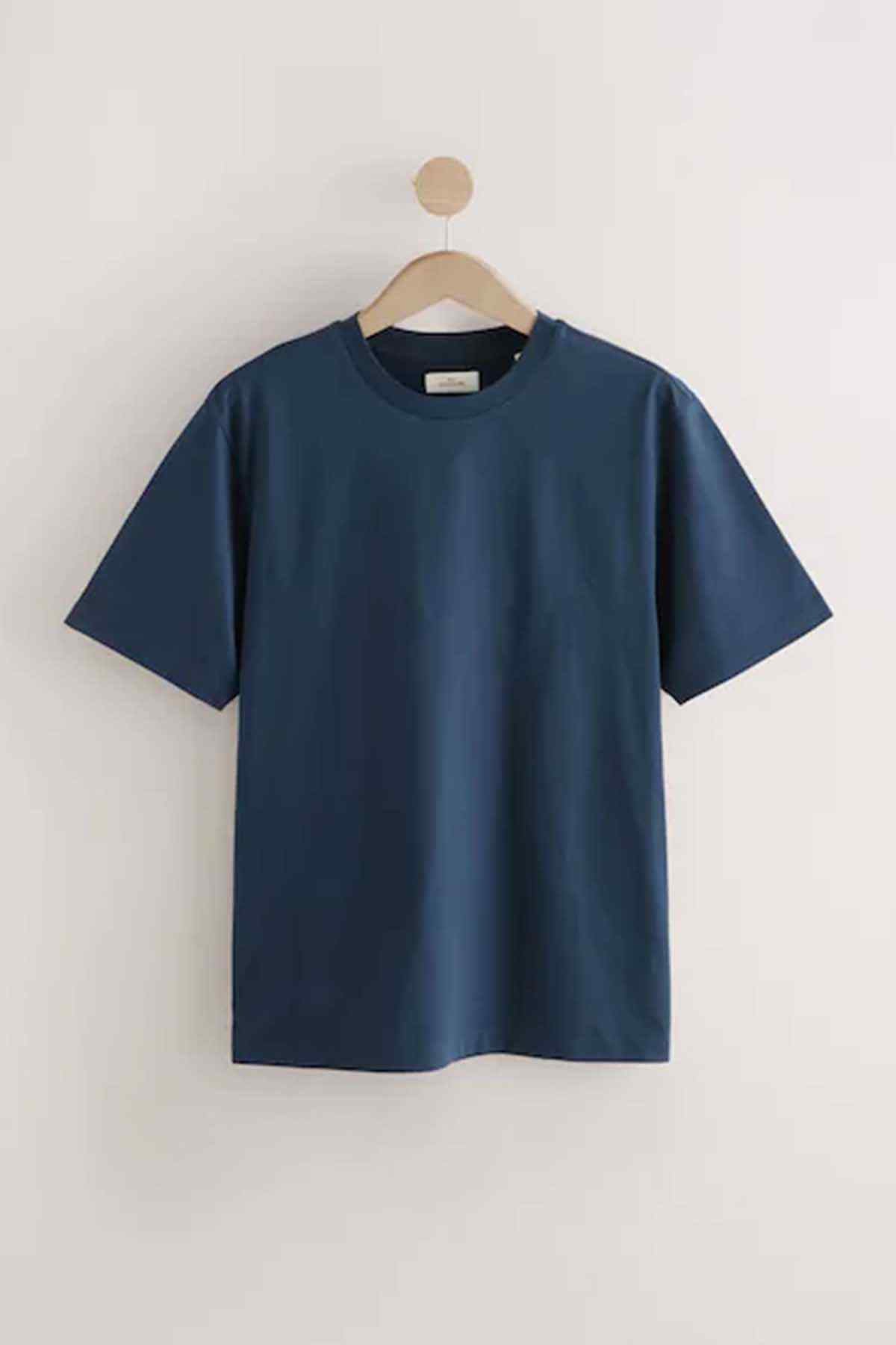 Navy crew-neck T-shirt on hanger, short sleeves and clean front