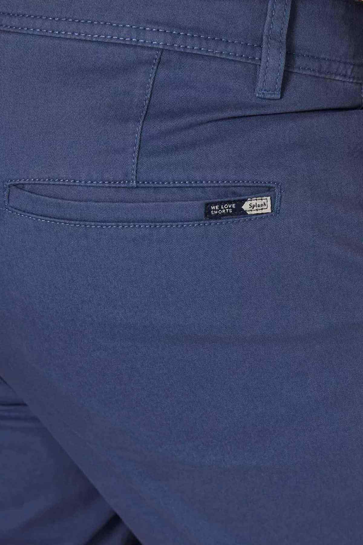 Blue denim shorts with stitched hem and small back logo patch