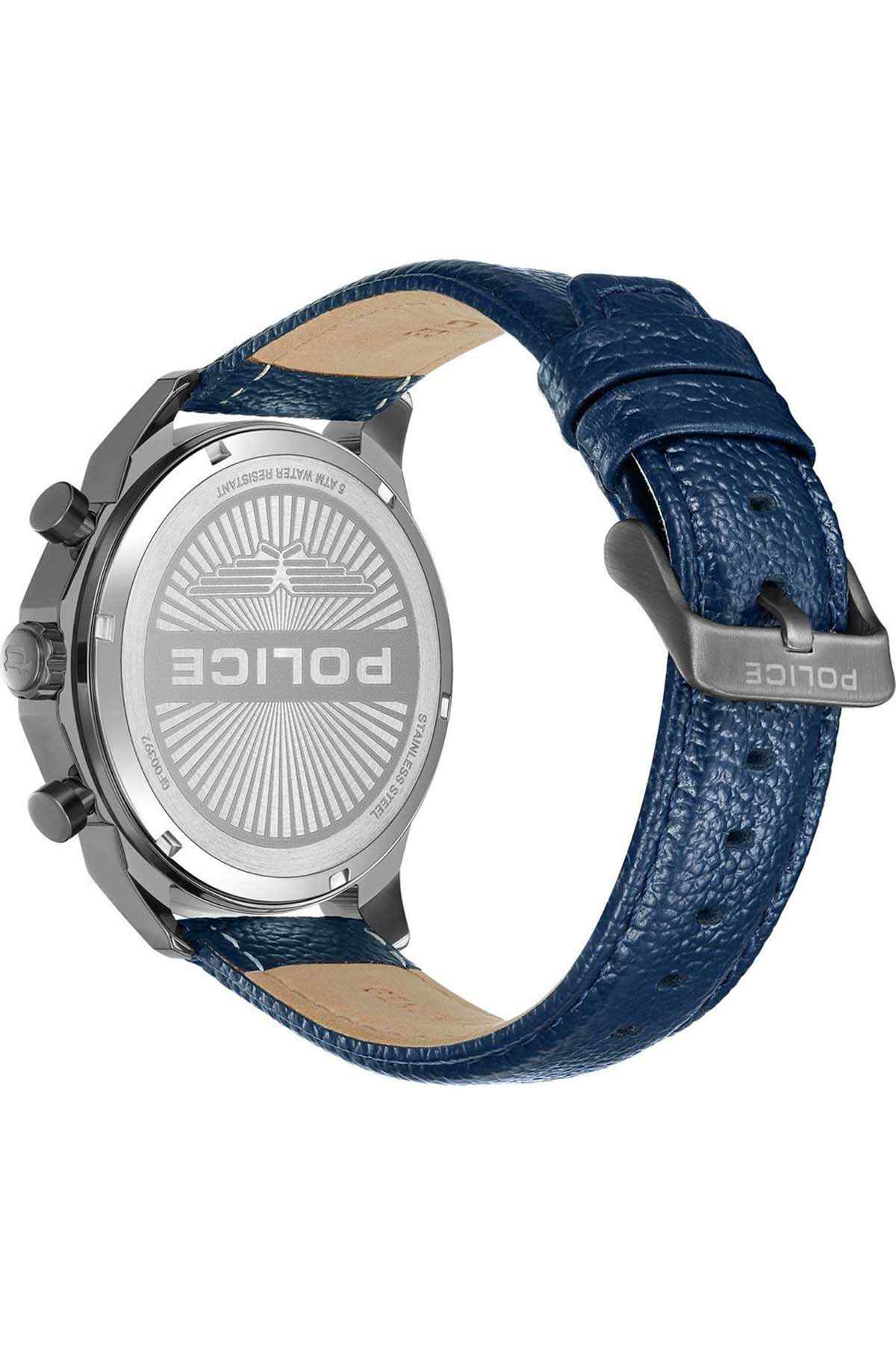 Stainless caseback watch with blue leather strap and buckle, circular back engraving