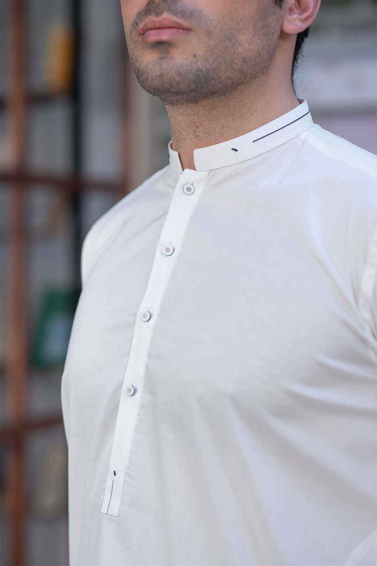 Men's white tunic shirt upper body with stand collar and button-front placket