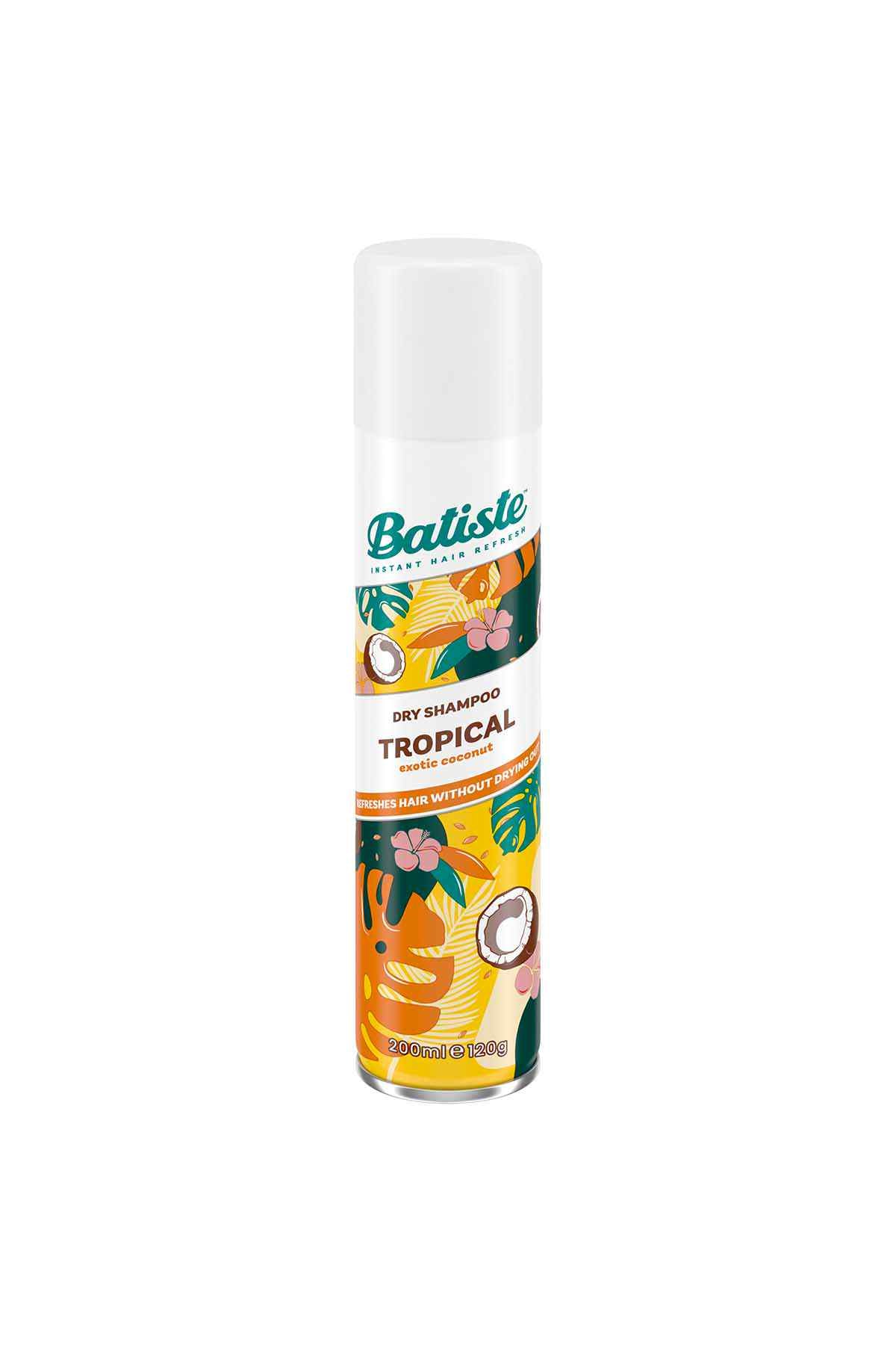 Batiste dry shampoo spray bottle, Tropical scent, aerosol can with flip-top cap