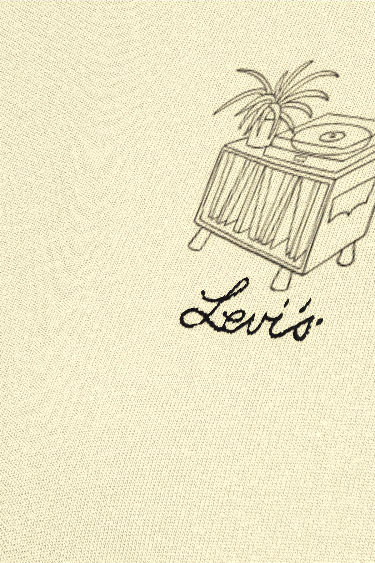 Light yellow T-shirt close-up of record-player graphic and script