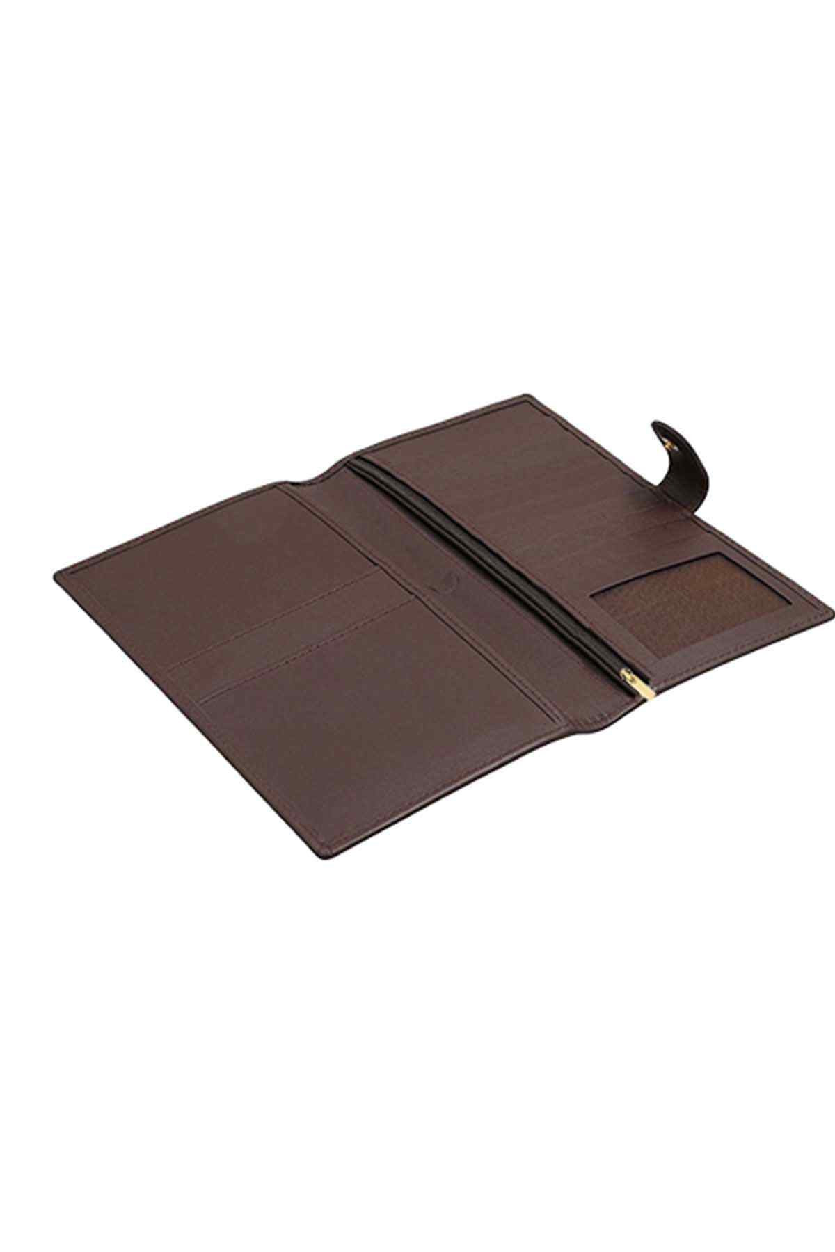 Dark brown leather wallet open with compartments