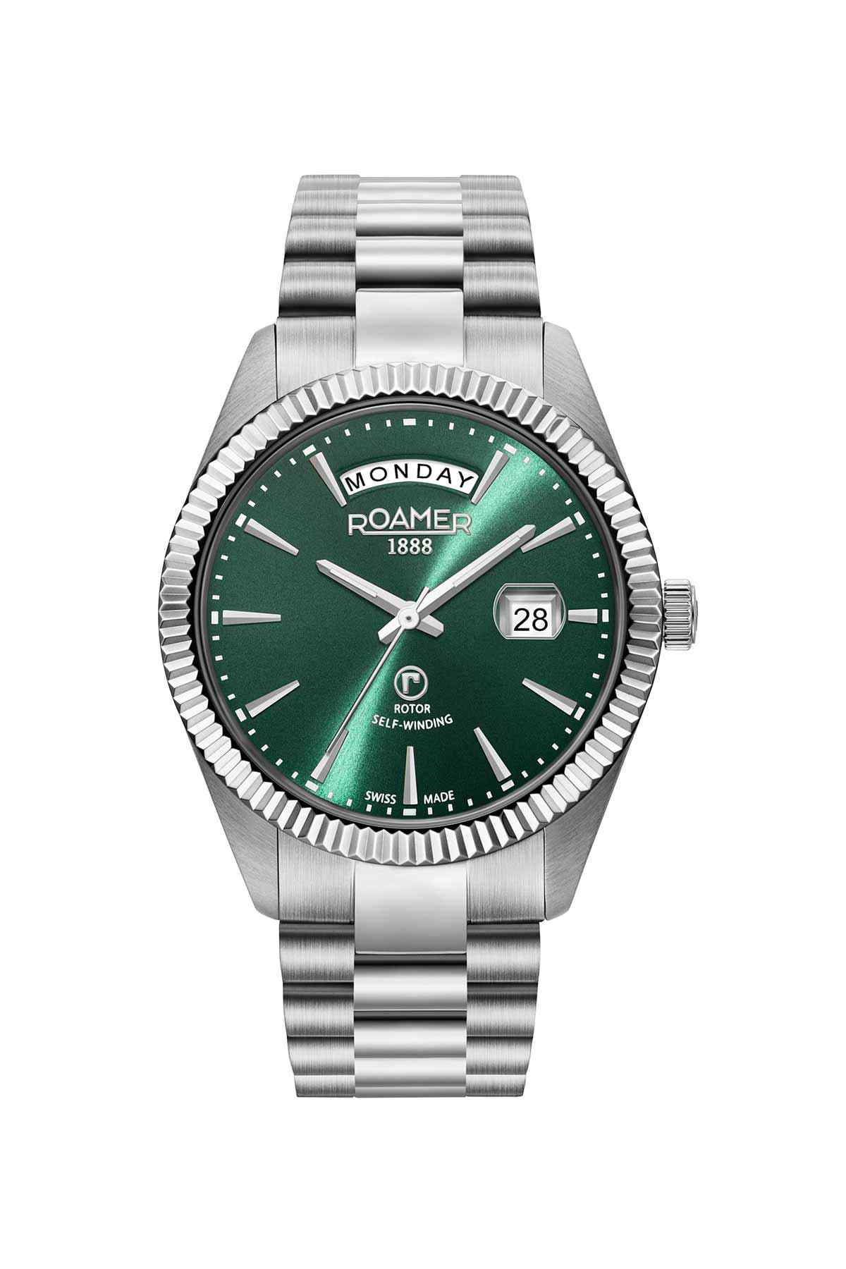 Roamer wristwatch with green dial, silver metal bracelet, and date window
