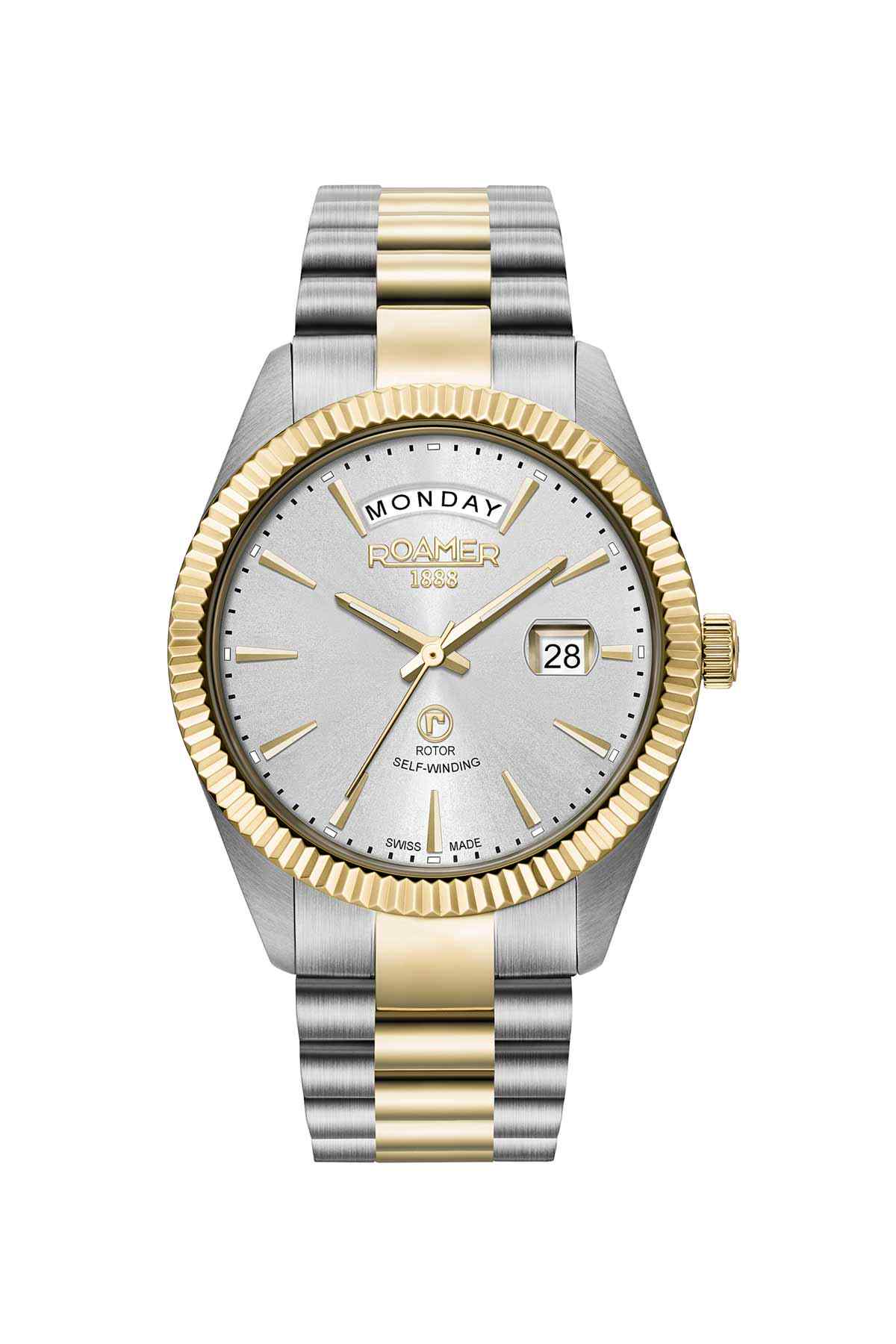 ROAMER two-tone metal wristwatch with silver dial, gold bezel, and date window