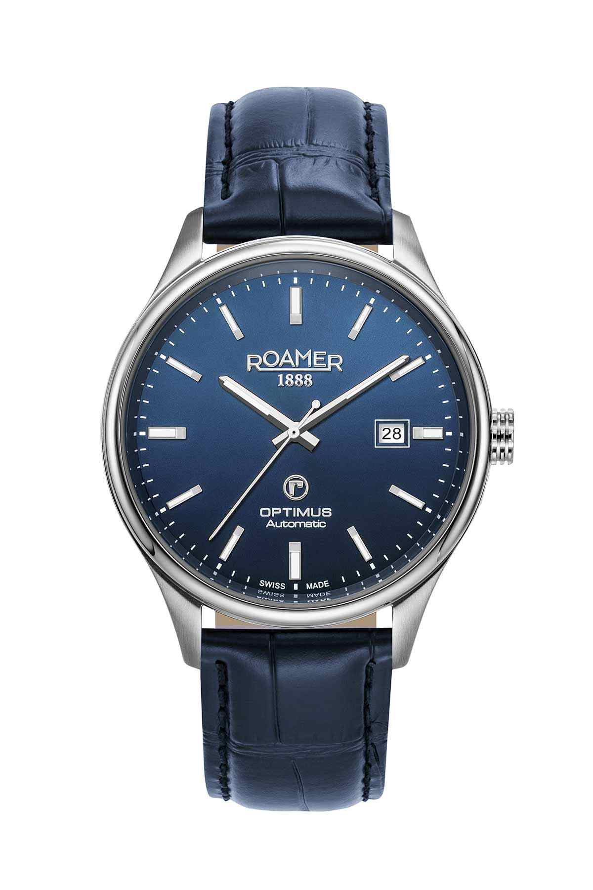 ROAMER automatic watch with blue dial, silver case, date window, dark blue leather strap