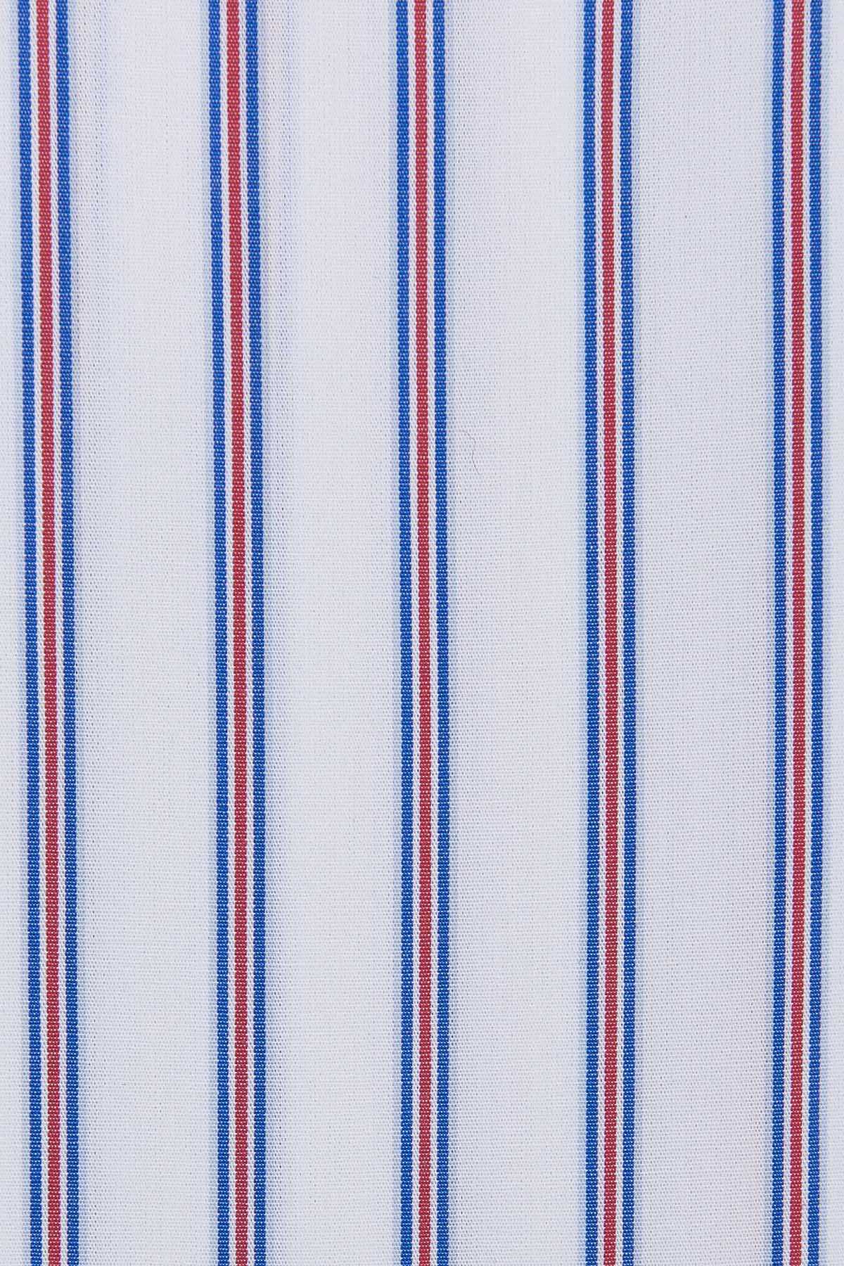 Camicissima blue, red, and white striped dress shirt fabric close-up