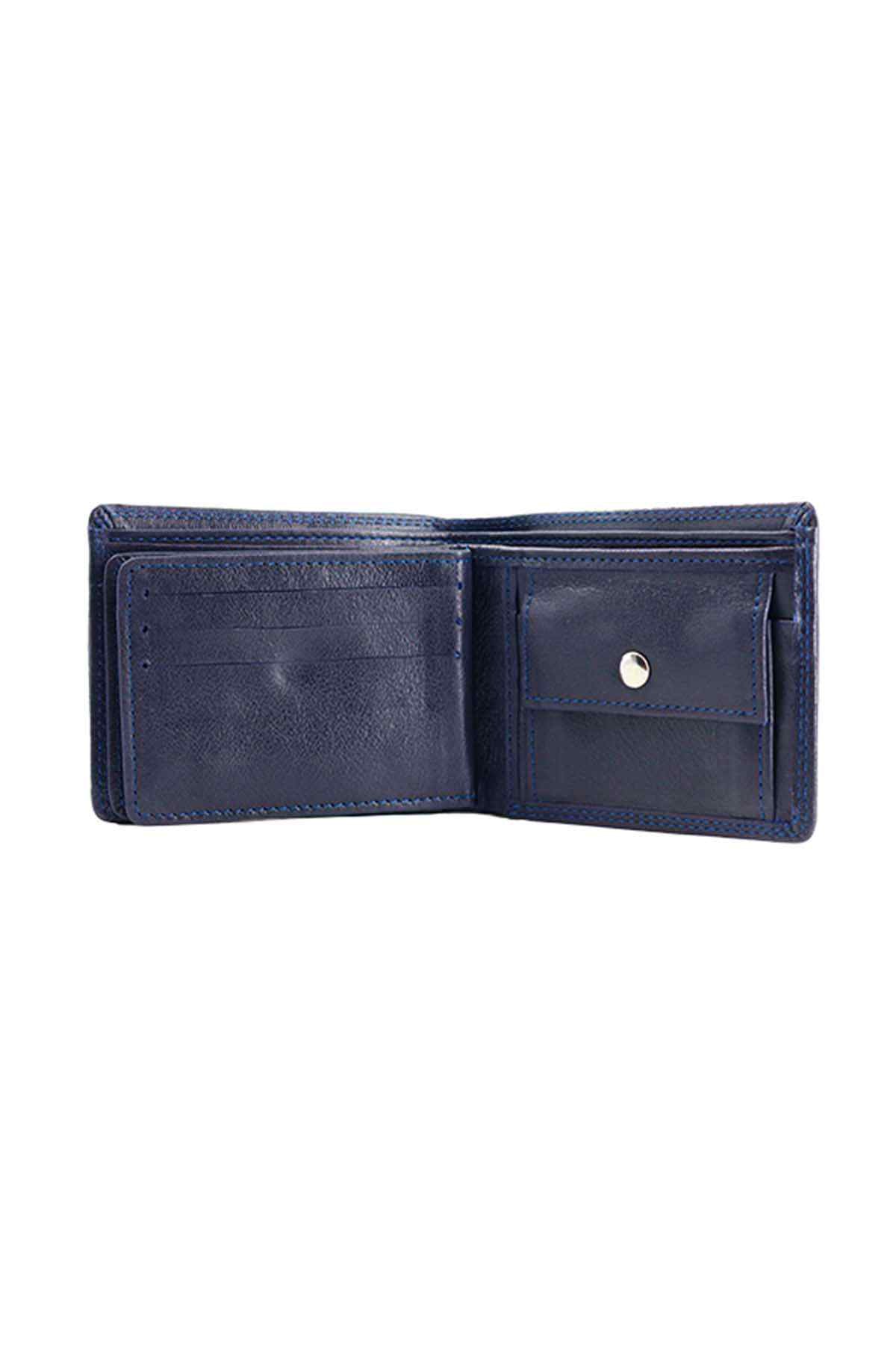 Navy leather bifold wallet open, featuring card pockets and snap button tab.