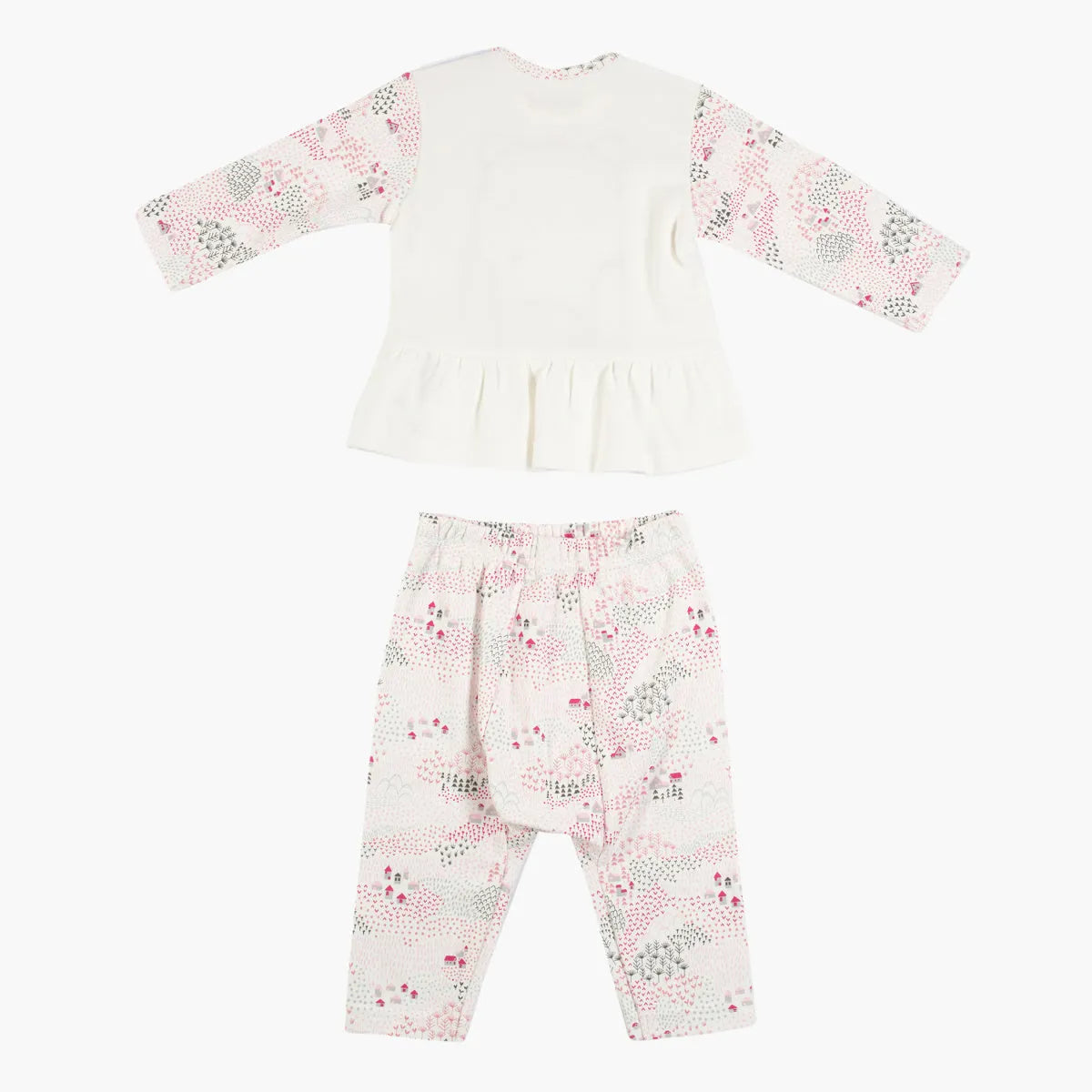 Baby top and pants set, white with pink animal print, long sleeves and gathered peplum hem