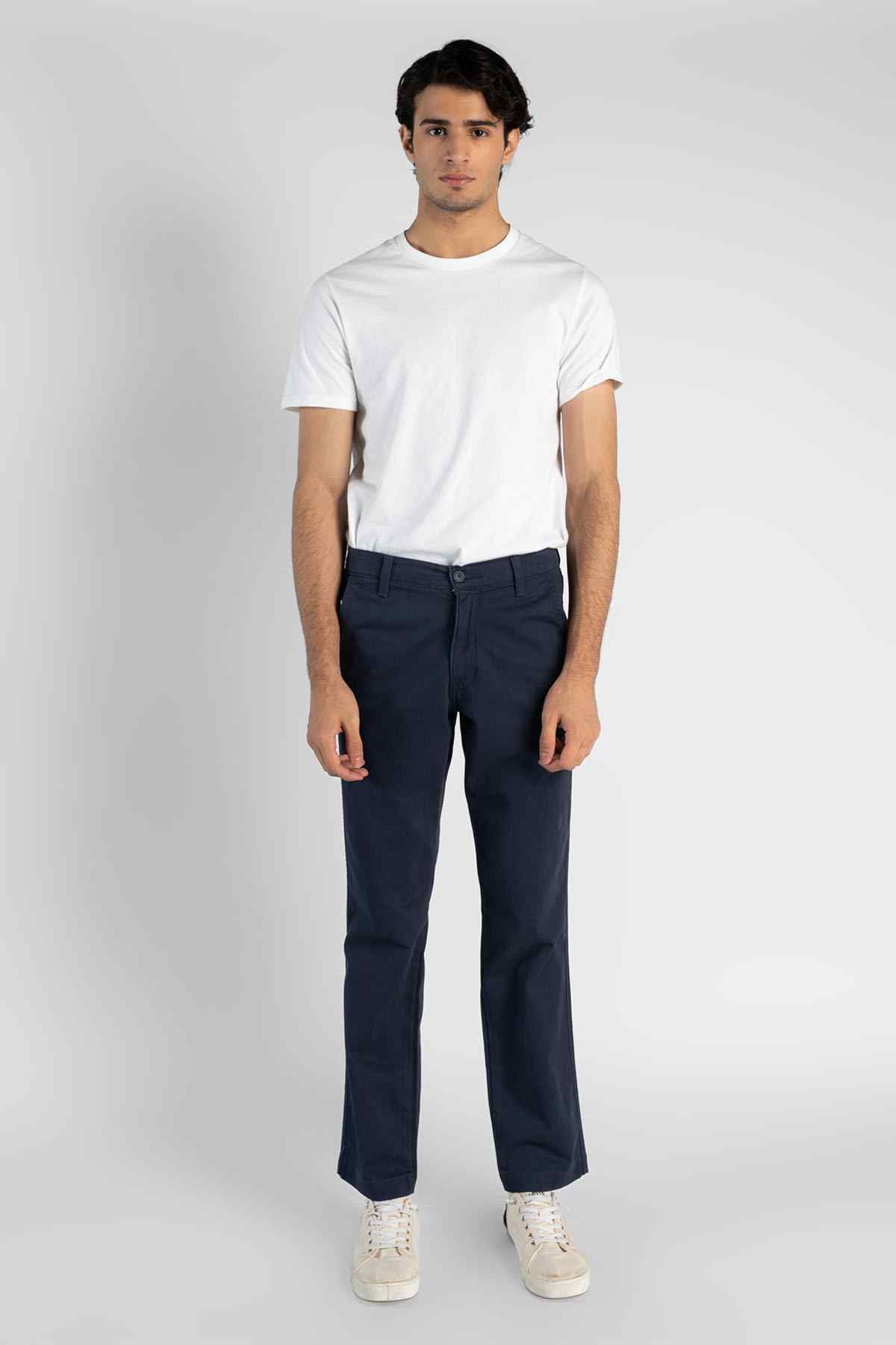Levi's dark blue straight-leg jeans in front view with zip fly and pockets