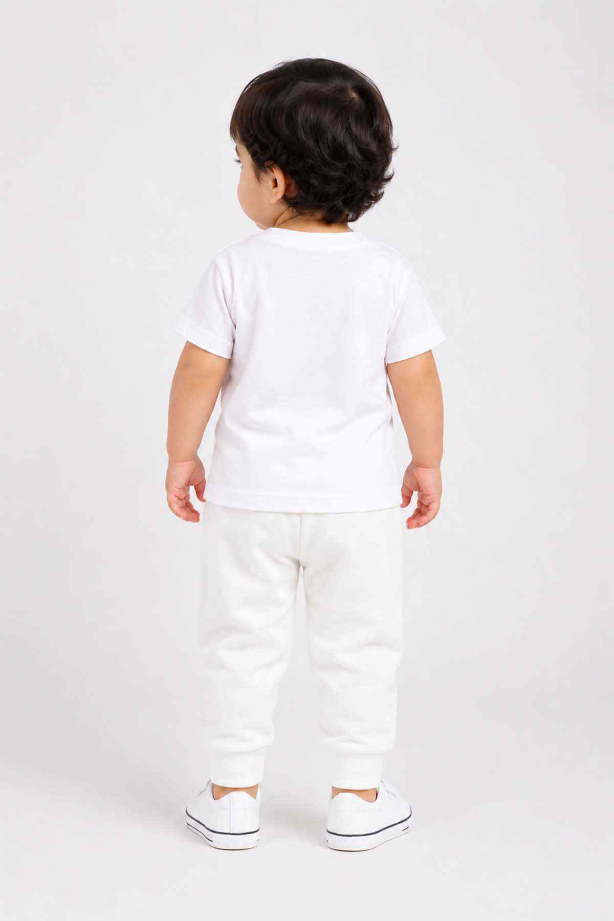 White baby t-shirt and jogger pants set from the back, logo on chest