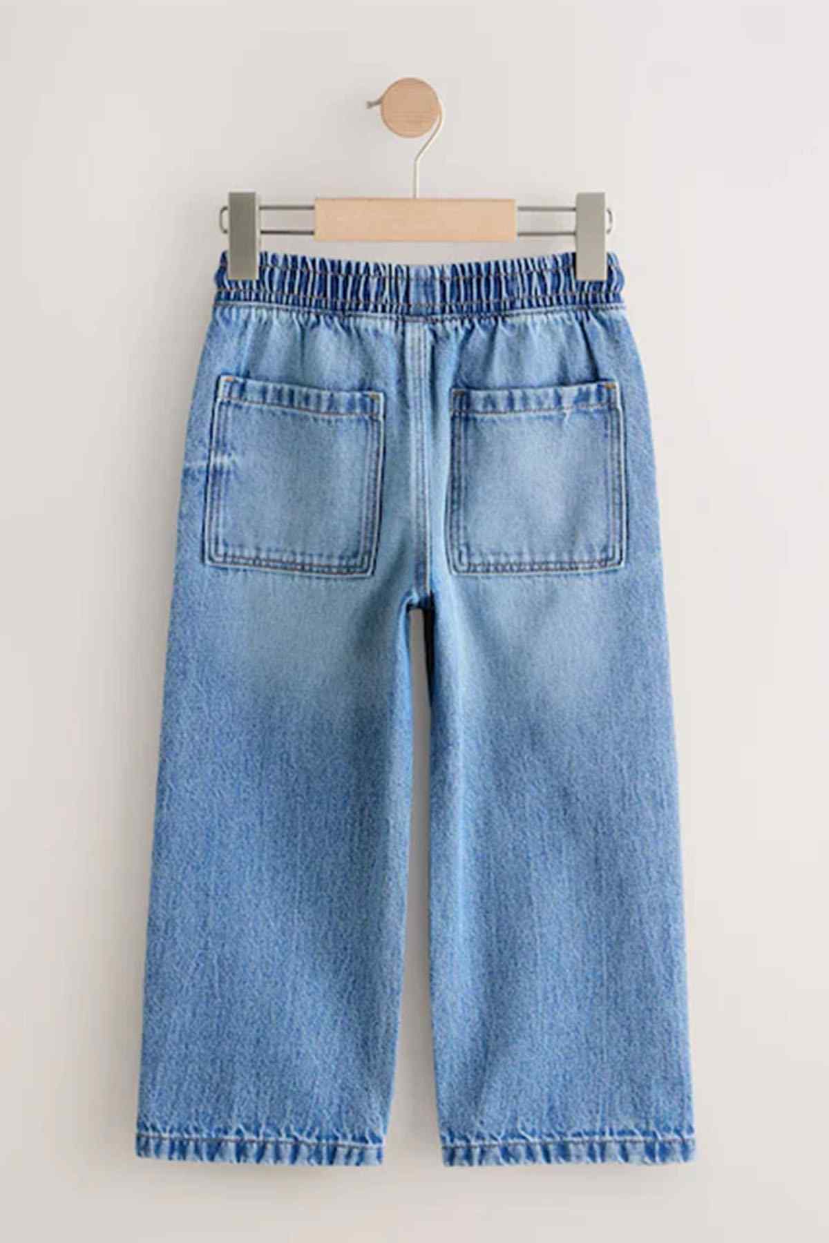 Light blue denim shorts with elastic waistband and two front pockets