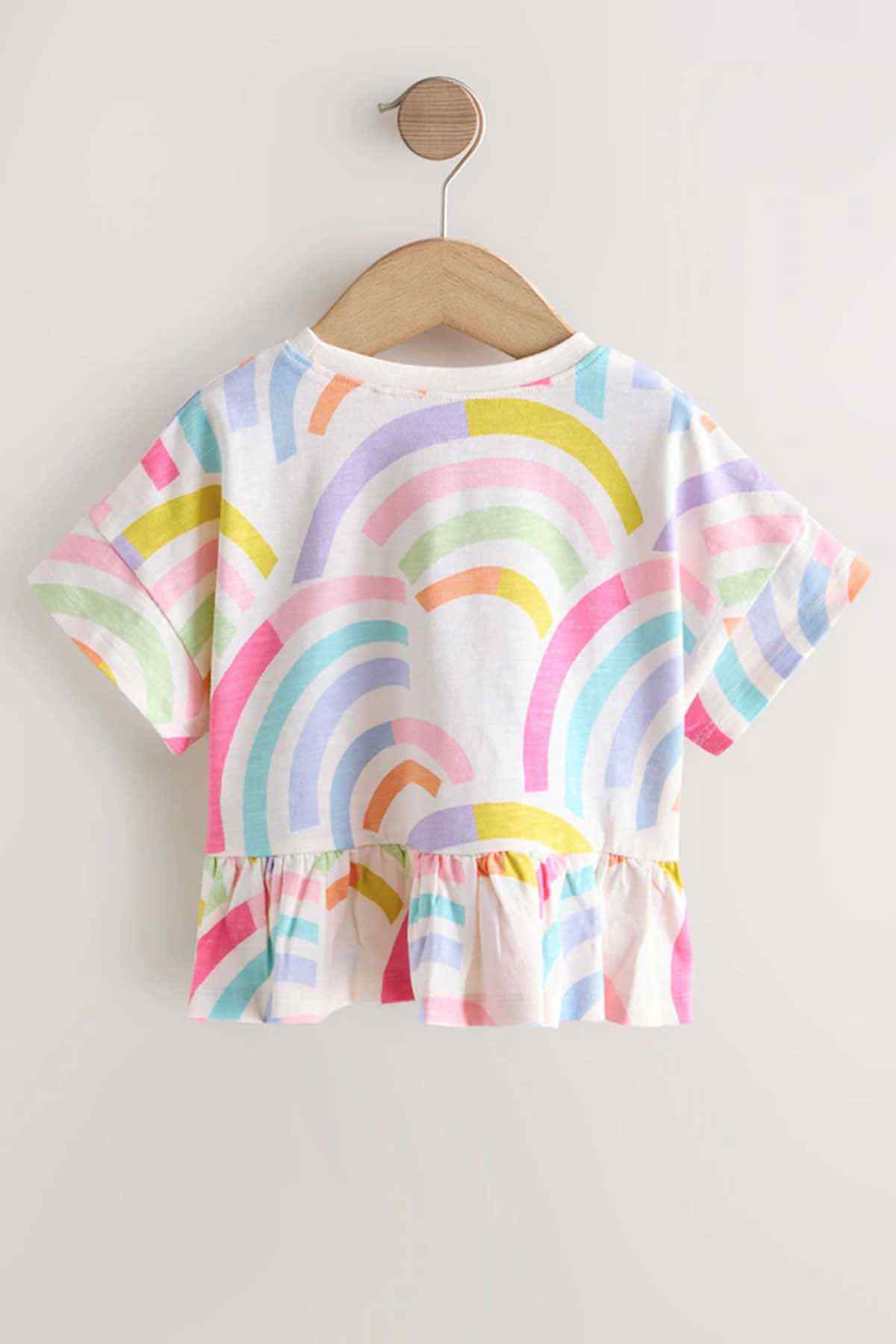 Pastel rainbow-print peplum top with ruffled back hem