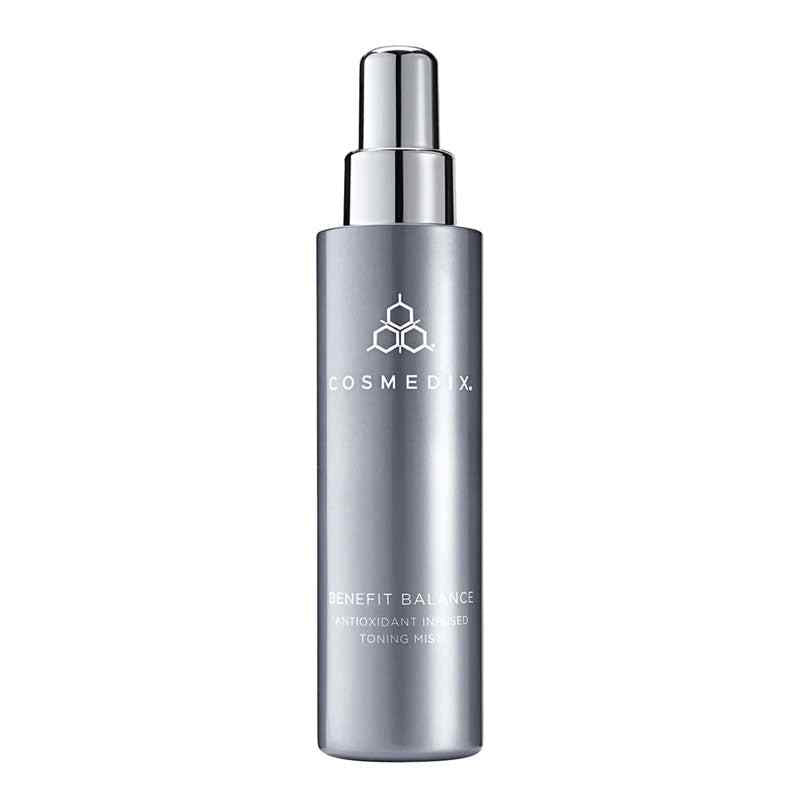 Cosmedix metallic gray toner mist bottle with silver pump sprayer