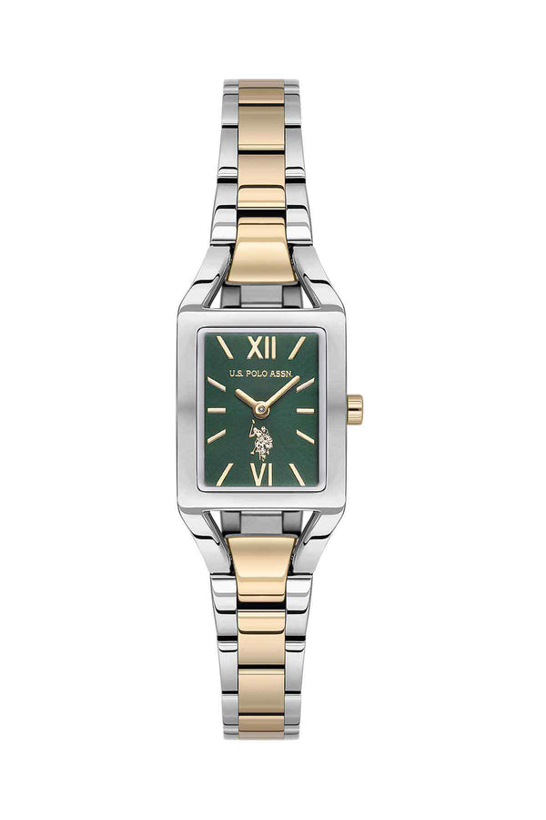 U.S. Polo Assn two-tone wristwatch with green dial and Roman numerals