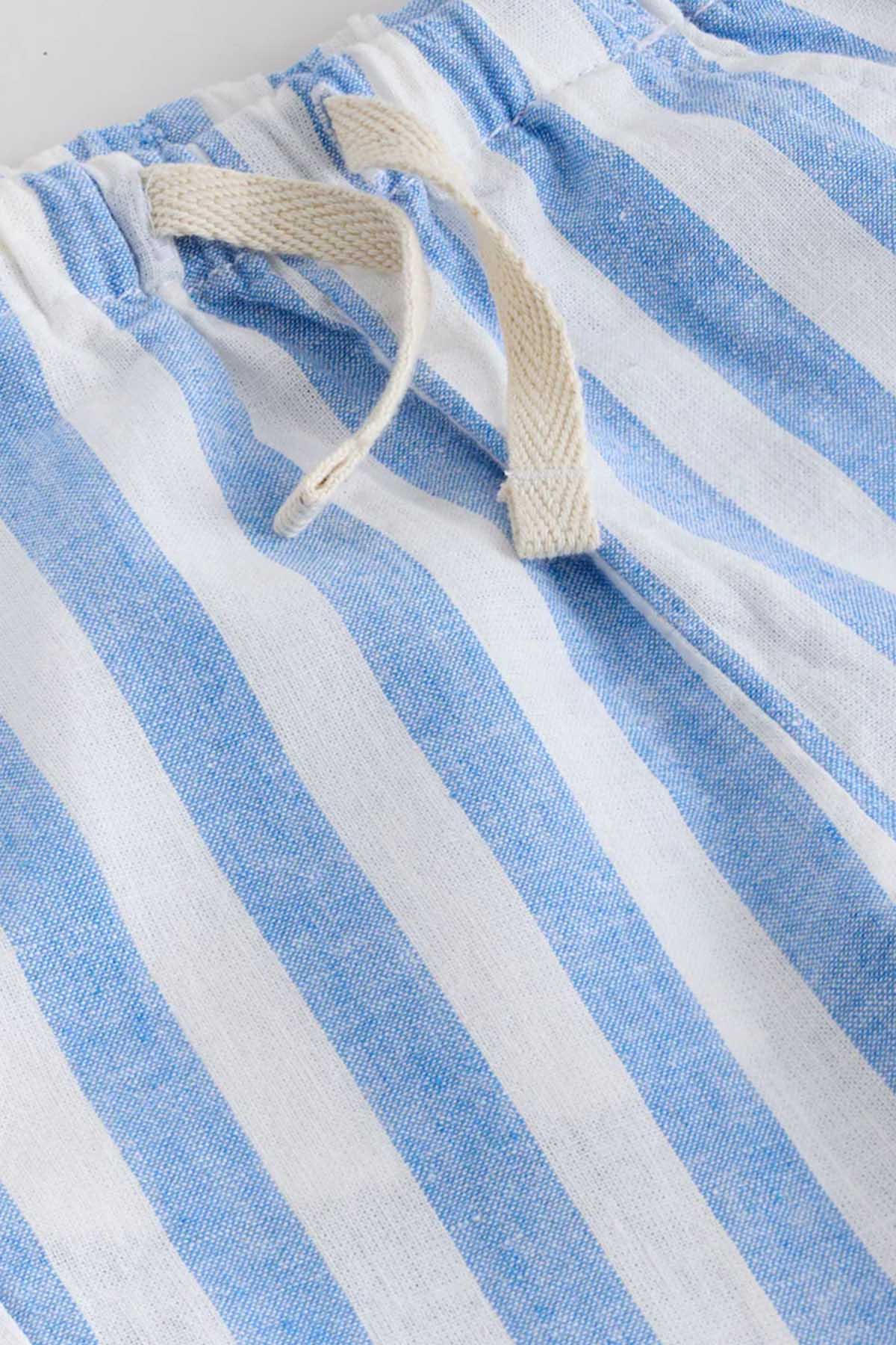 Blue and white striped shorts, elastic waistband with drawstring