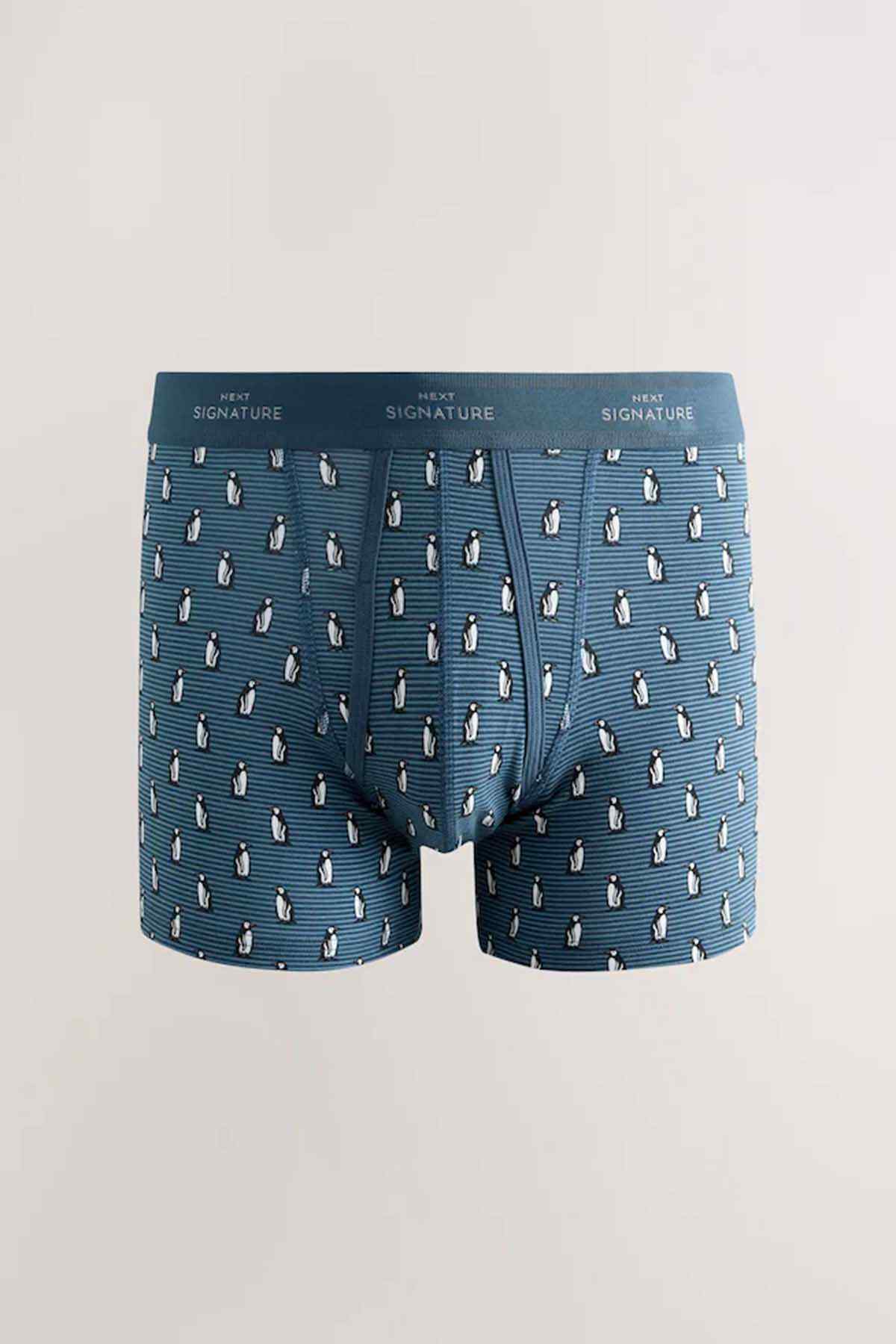 Blue boxer shorts with repeating animal print and elastic waistband