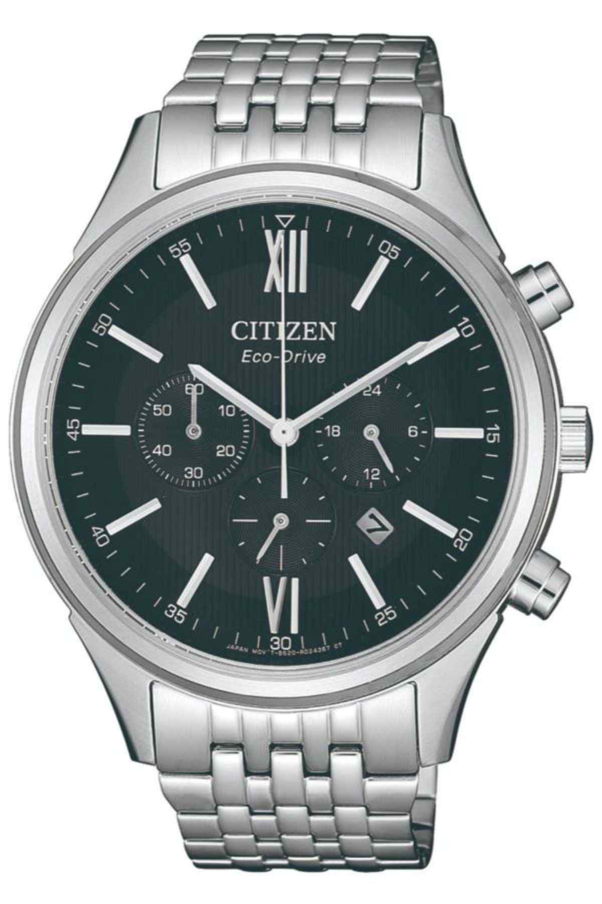 Silver metal Eco-Drive wristwatch with dark dial, roman numerals, and three subdials