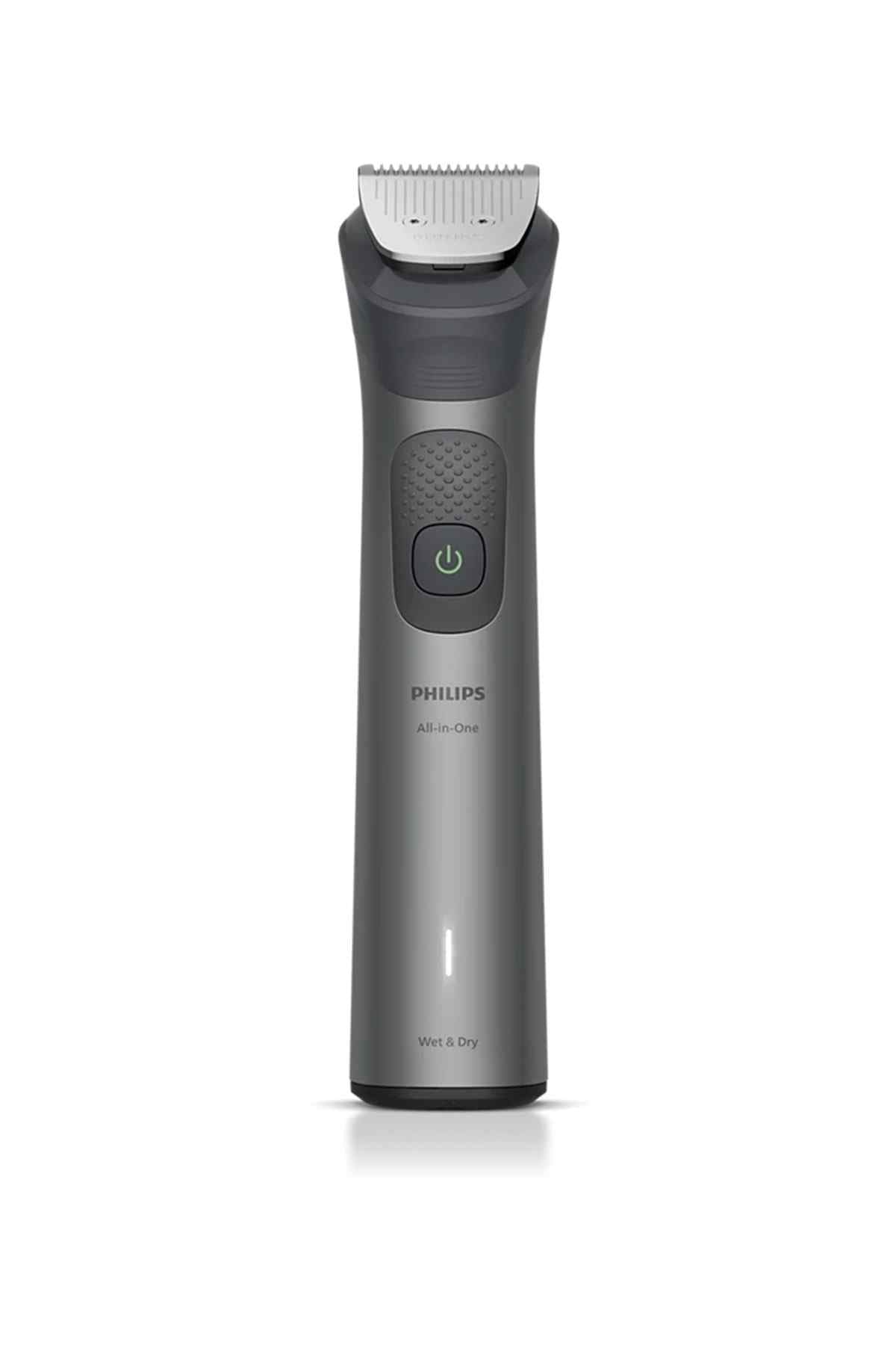 PHILIPS grey electric shaver, front view with on/off button