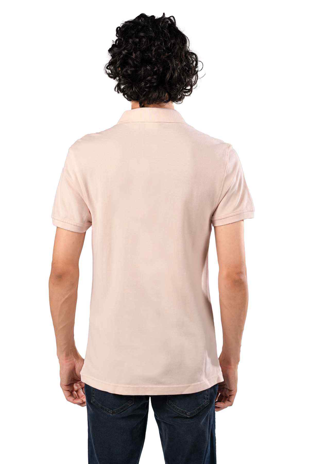 Pink polo shirt back view with folded collar and short sleeves
