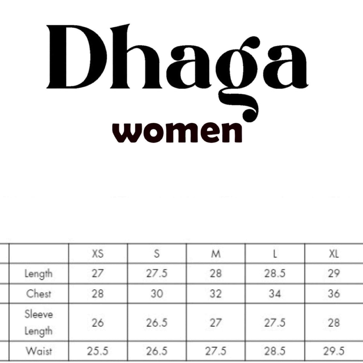 Dhaga women size chart with measurements for XS to XL