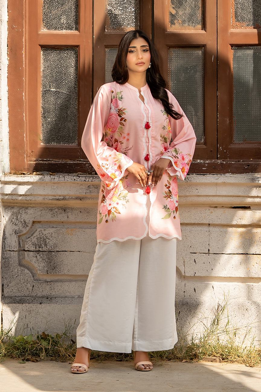 Dhaga pink floral kurta with long sleeves over white wide-leg pants
