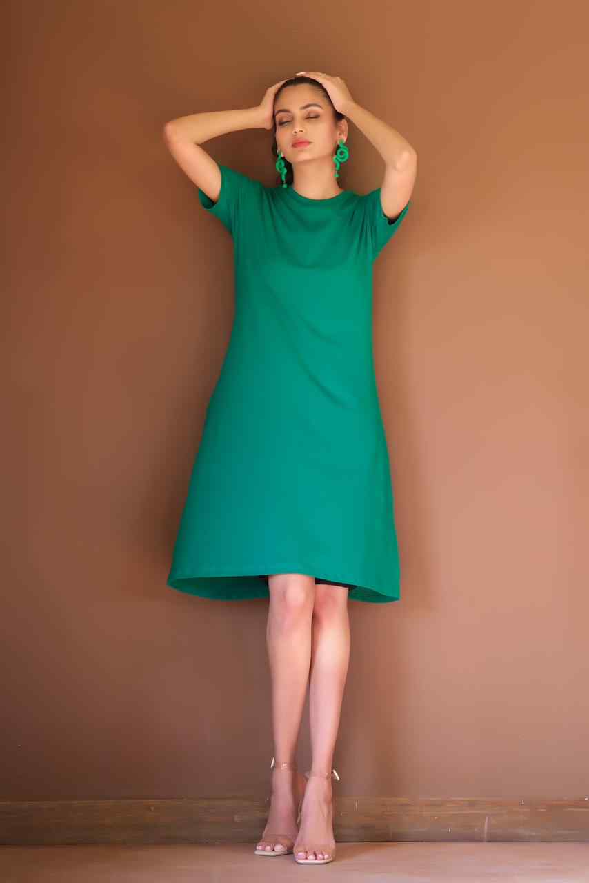Green short-sleeve midi dress with round neckline and simple straight silhouette.