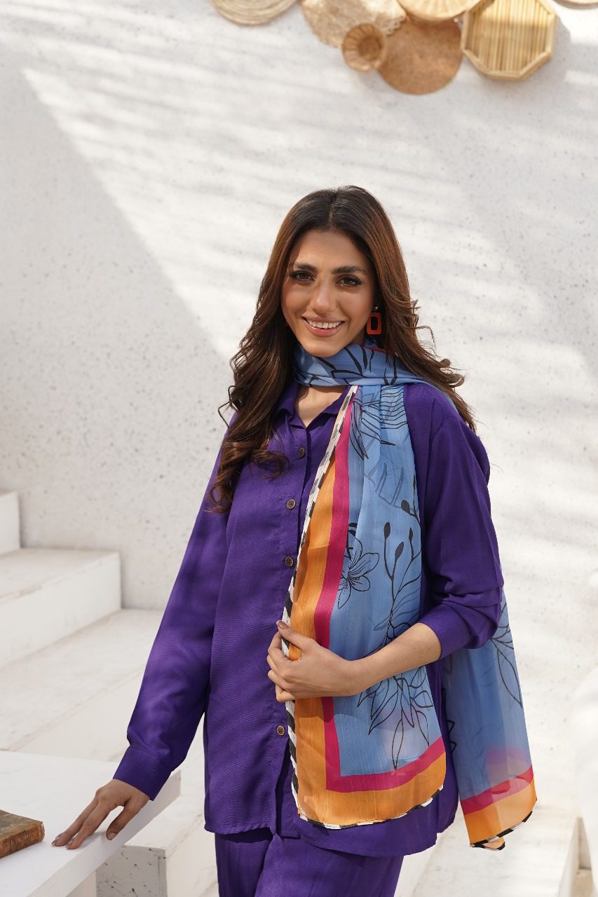 Purple tunic with blue floral print dupatta and gold border, three-quarter sleeves