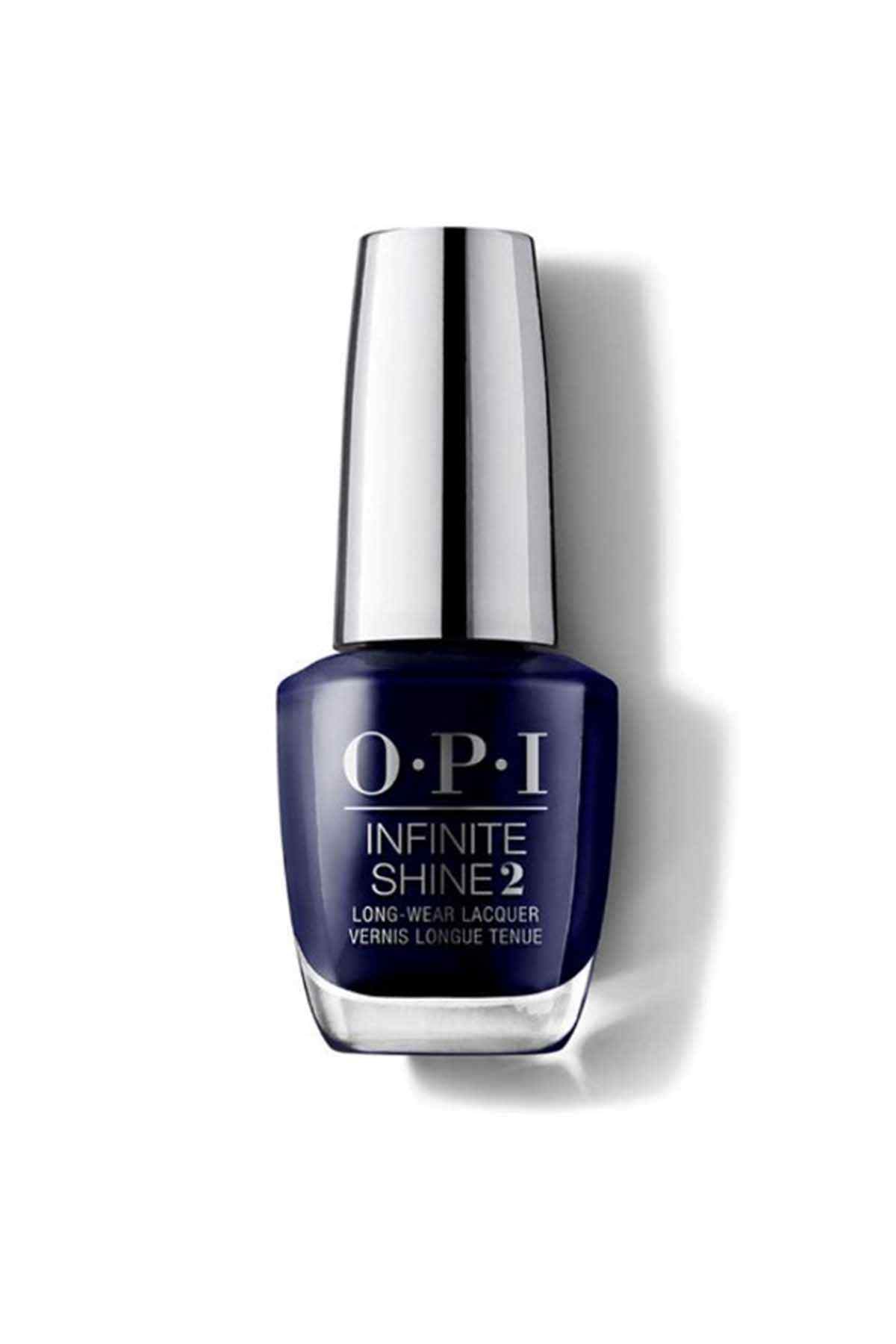 OPI Infinite Shine nail lacquer bottle, deep blue liquid with silver cap